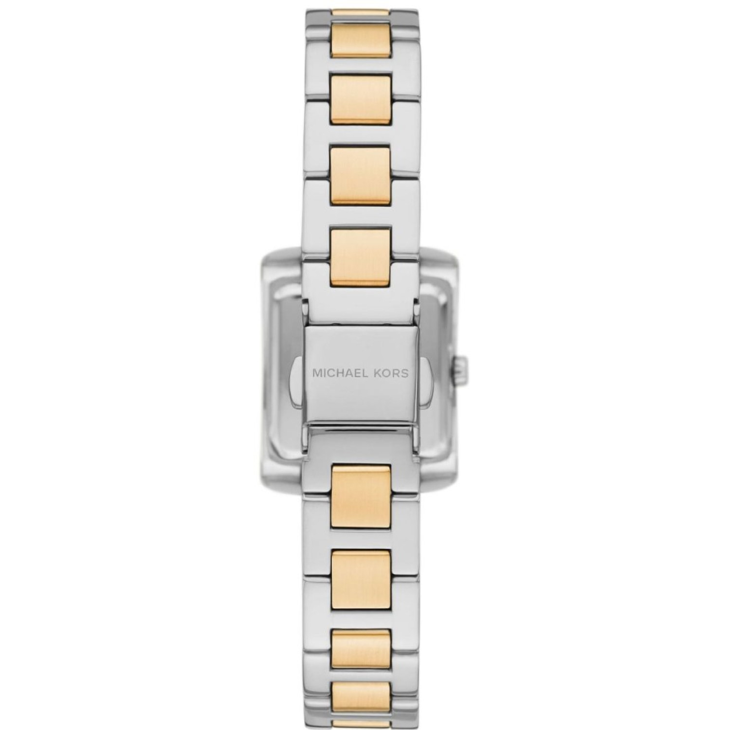 MK4882 Michael Kors Emery Bi Tone Analogue Watch – Stylish Two-Tone Timepiece with Roman Numeral Markers MK4882 Michael Kors Emery Bi Tone Analogue Watch with a rectangular white dial, gold Roman numeral markers, and a bi-tone silver and gold bracelet