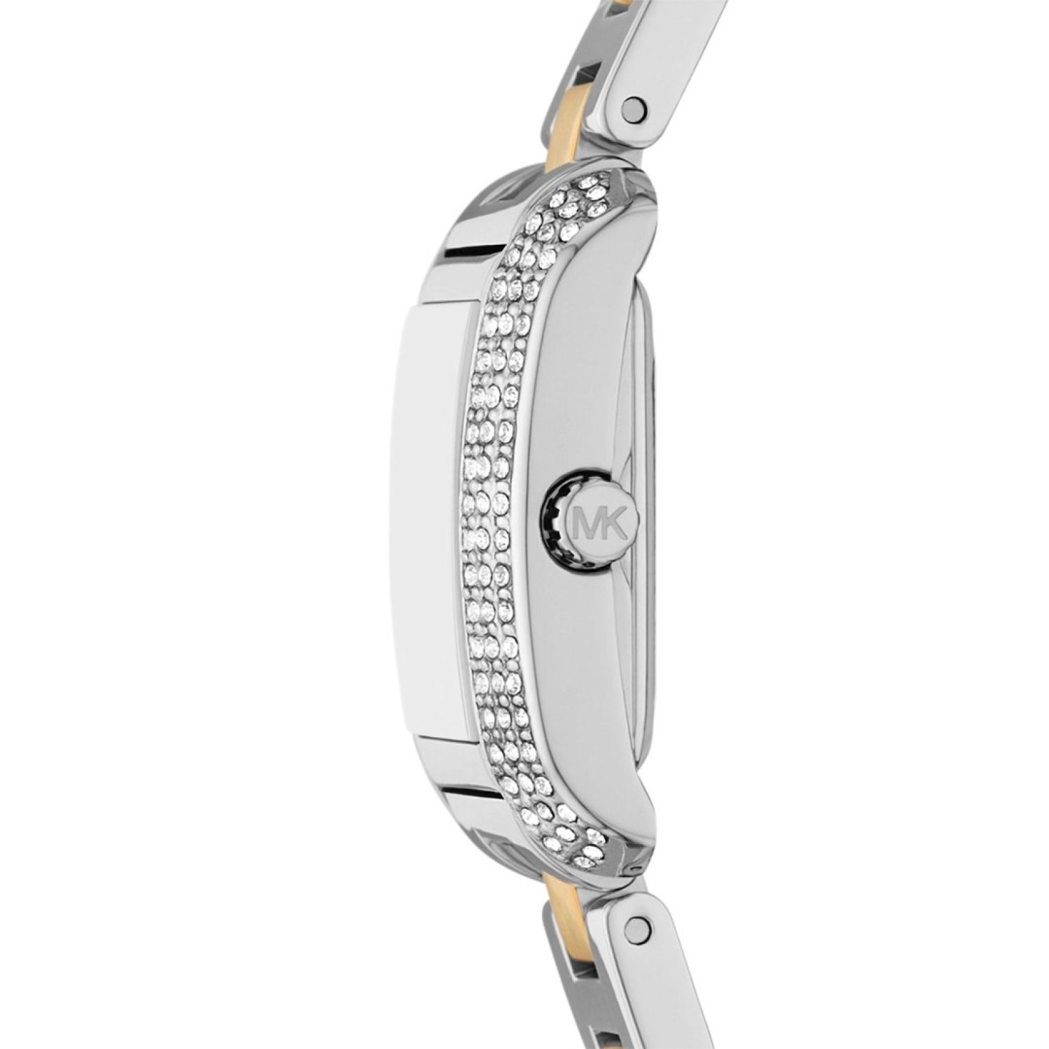 MK4882 Michael Kors Emery Bi Tone Analogue Watch – Stylish Two-Tone Timepiece with Roman Numeral Markers MK4882 Michael Kors Emery Bi Tone Analogue Watch with a rectangular white dial, gold Roman numeral markers, and a bi-tone silver and gold bracelet