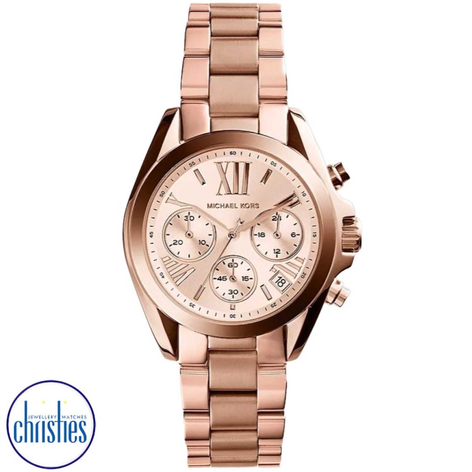 MK5799 Michael Kors Womens Mini Chronograph Bradshaw Watch. From the Bradshaw Mini range this model is made from IP rose gold plated steel and has a round case shape. It has a champagne colour dial with combination hour markers in gold, slender gold hands