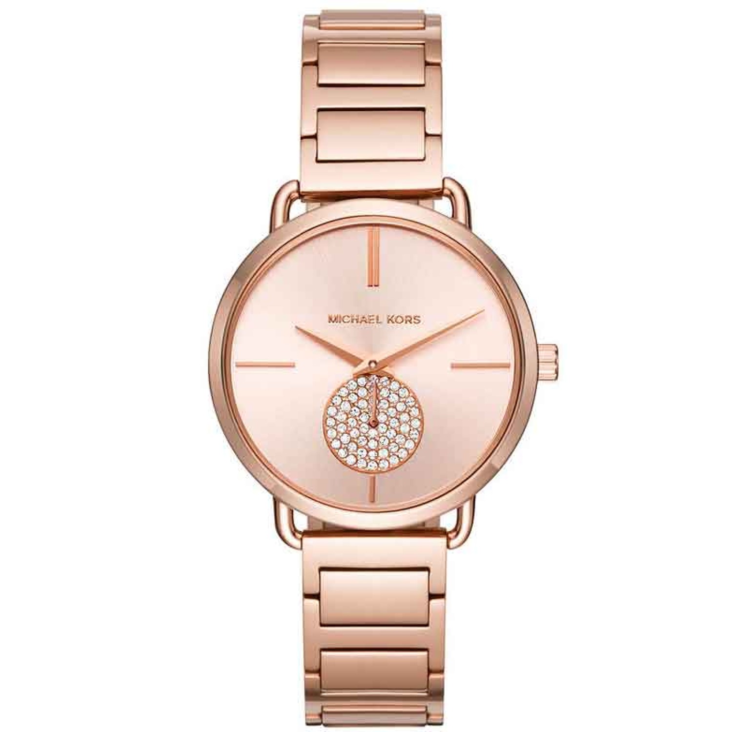 MK3640 Michael Kors Portia Rose Gold-Tone Sub-Eye Watch. The rose gold-tone Michael Kors Portia watch is the face of sleek, modern chic. A minimalist rose gold sunray dial with stick indexes and pavé crystal sixty-second sub-dial shines against a rose gol