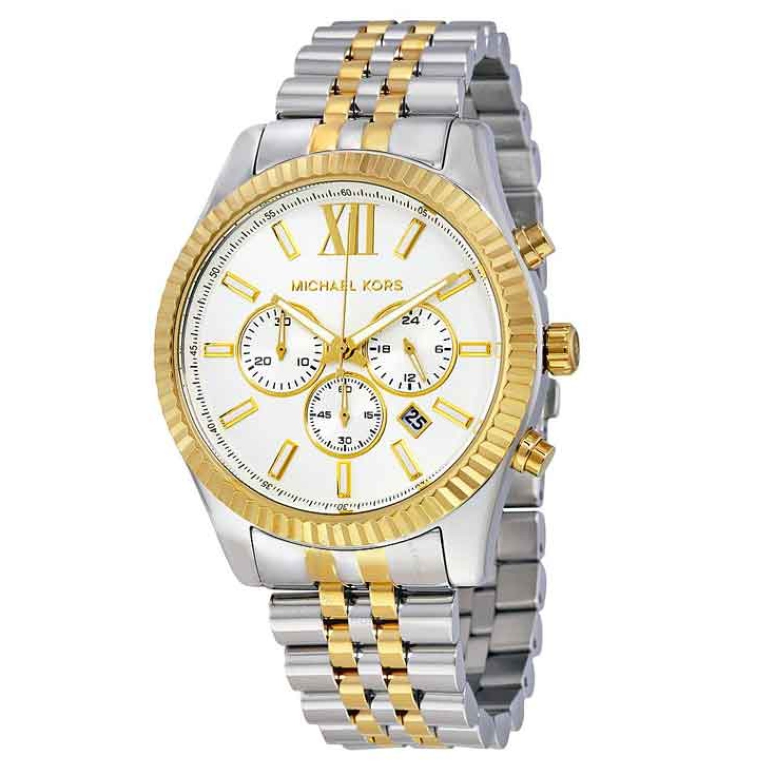 MK8344 Michael Kors Men's Lexington Chronograph Watch MK8344 - Christies Jewellery New Zealand's Online Michael Kors Watch Stockist MK8344 Michael Kors Mens Lexington Chronograph Watch. This mens MK8344 Michael Kors Lexington watch is made from two-tone steel/gold plate and is powered by a chronograph quartz movement. It is fastened with a two tone bracelet and has a silver dial. Th