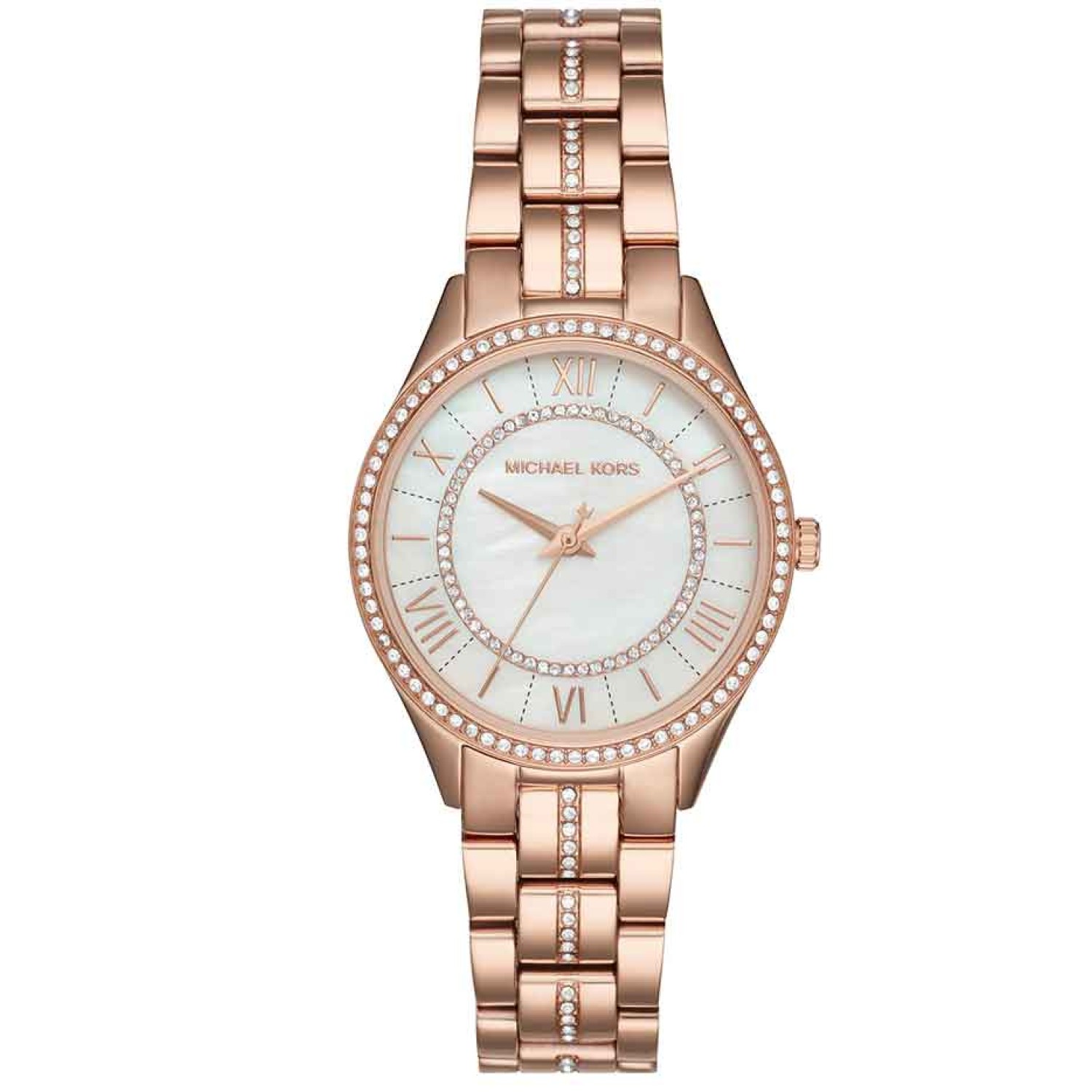 MK3716 Michael Kors Lauryn Rose Gold Tone  Watch. A sleek three-link-bracelet with glitz detailing down the center and sparkling crystal topring make the MK3716 rose gold-tone Michael Kors Lauryn this seasons most irresistible timepiece. The chic white di