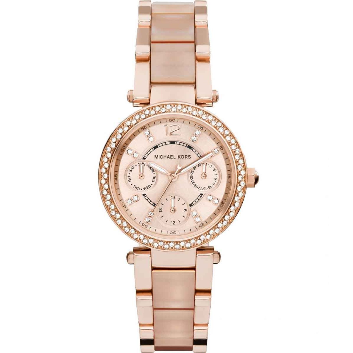MK6110 Michael Kors Mini Parker Rose Tone Watch. Featuring romantic rose gold-tone stainless steel, a sparkling pavé topring and a chic sunray dial, this Michael Kors timepiece gives new meaning to the term -pretty in pink.OXIPAY - Have it now and pay ove