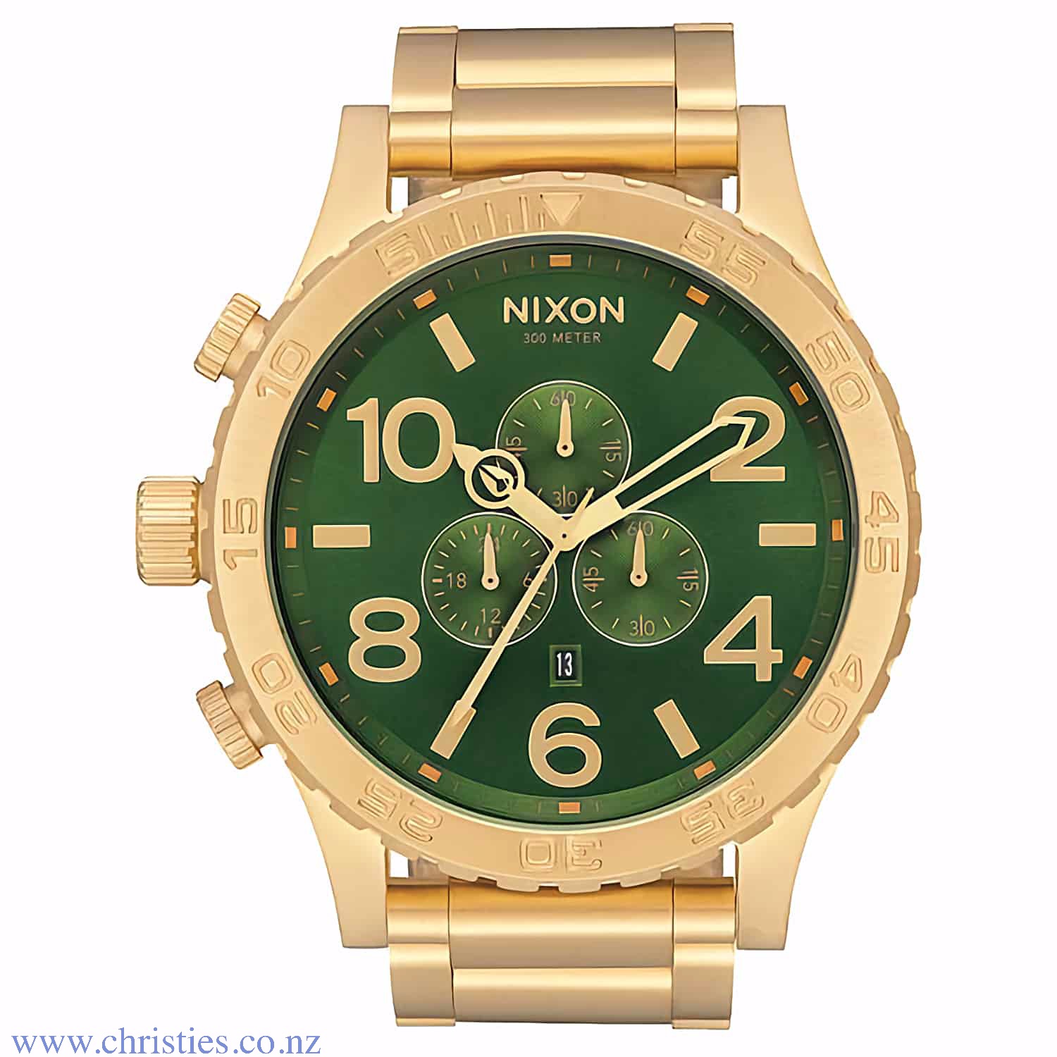 A083-3416 NIXON 51-30 Gold Chronograph Watch. Heavy Hitter. Nothing else quite measures up. Named after the face size (51mm) and wter resistance rating (30 ATM), the 51-30 Chrono is the OG oversized watch that birthed a whole style movement. Its the ultim