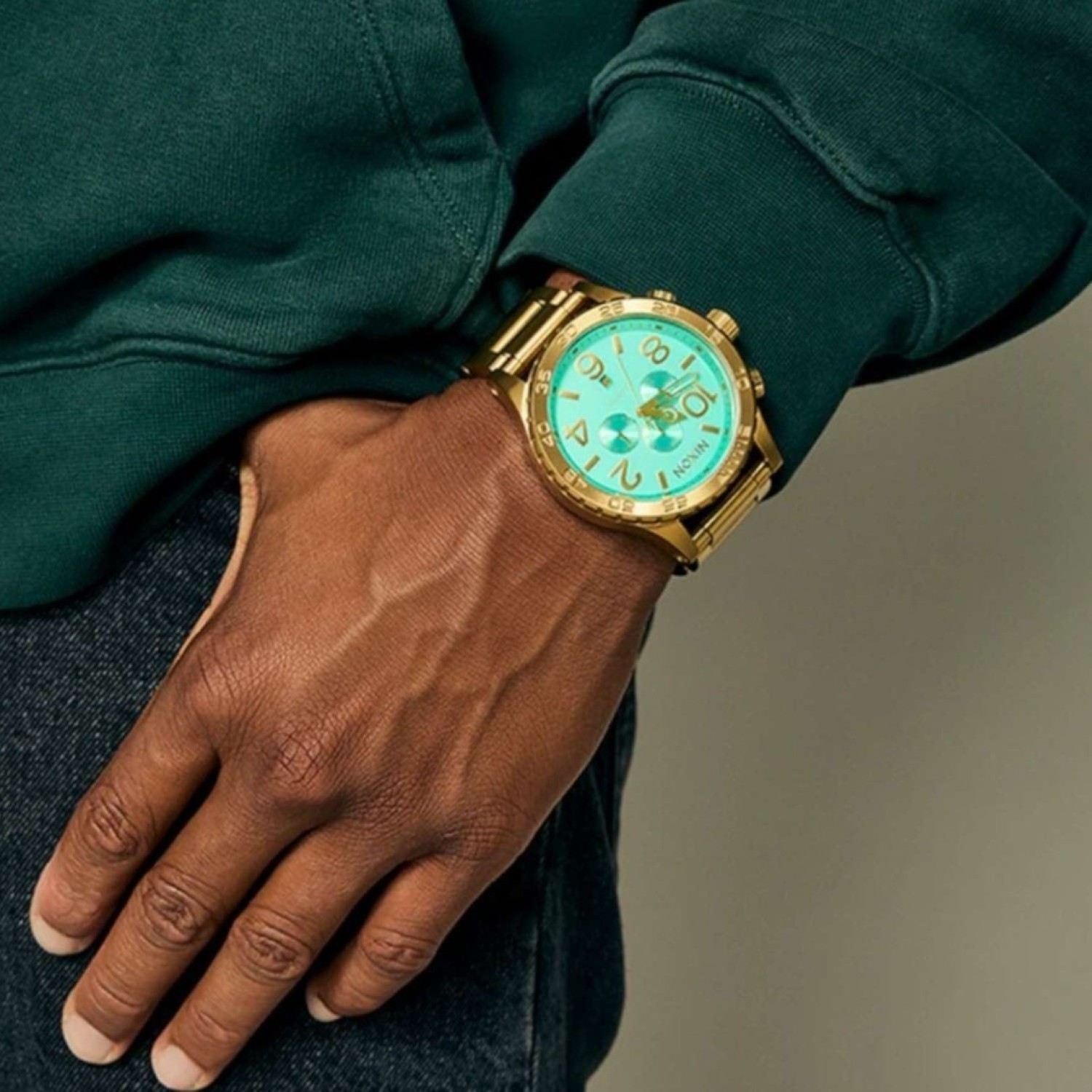 NIXON Oversized Chrono Watch – Gold Case with Teal Dial | Buy Nixon Watches in New Zealand NIXON A1389534500 51-30 Chrono Gold & Teal Watch | Christies NZ