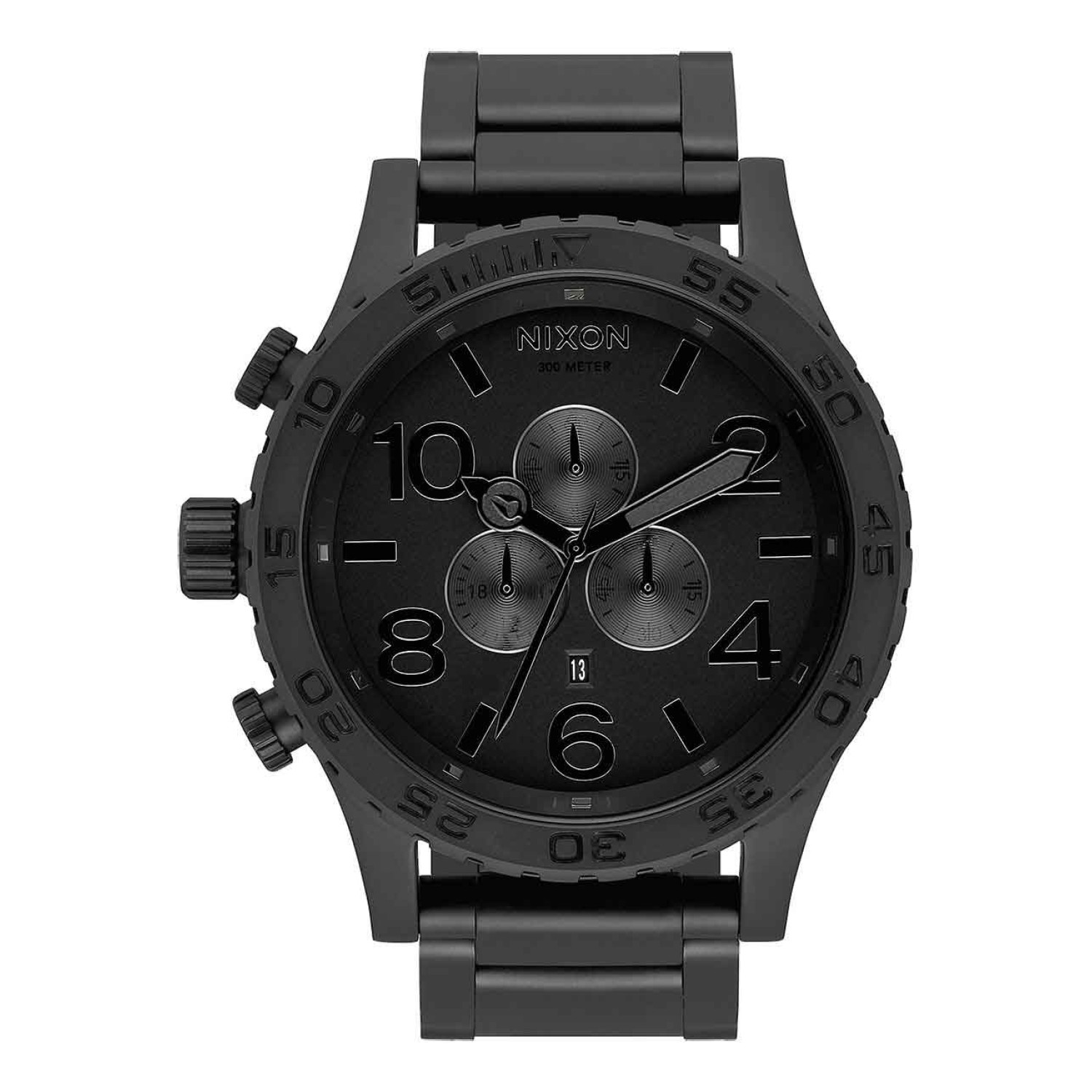 A083-3086-00 NIXON Mens 51-30 Chronograph Watch. Good looks, brains and brawn combined. The 51-30 Chrono rates second-to-none. Handsome, easy-to-read 51 mm design that launched the oversized trend, with 3 CD textured sub-dials - Matt Black2 Year  Guarant 