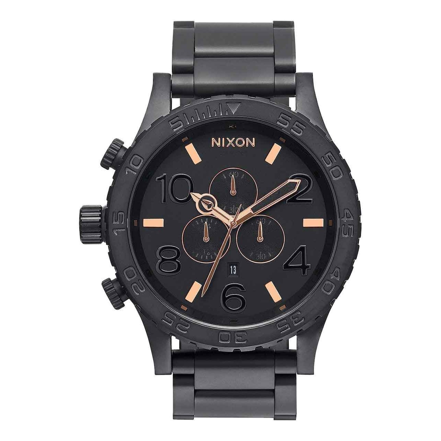 A083-957-00 NIXON Mens 51-30 Chronograph Watch. Good looks, brains and brawn combined. The 51-30 Chrono rates second-to-none. Handsome, easy-to-read 51 mm design that launched the oversized trend, with 3 CD textured sub-dials - All Black and Rose Gold Ton
