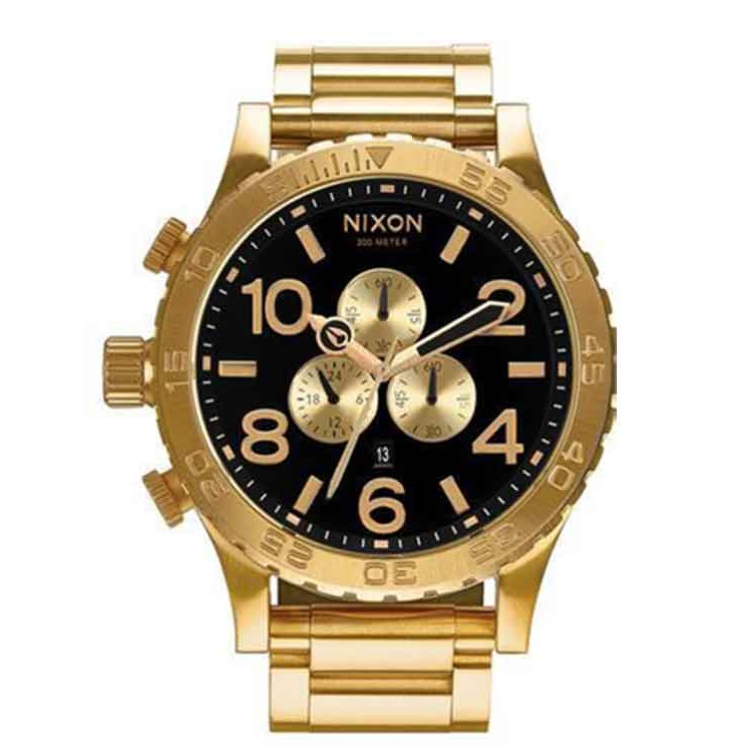 A083510 NIXON Gold Chronograph Watch. Handsome, easy-to-read 51 mm design that launched the oversized trend, with 3 CD textured sub dials 2 Year  Guarantee 3 Months No Payments and Interest for Q Card holders This watch is pressure rated at 300 metres @ch