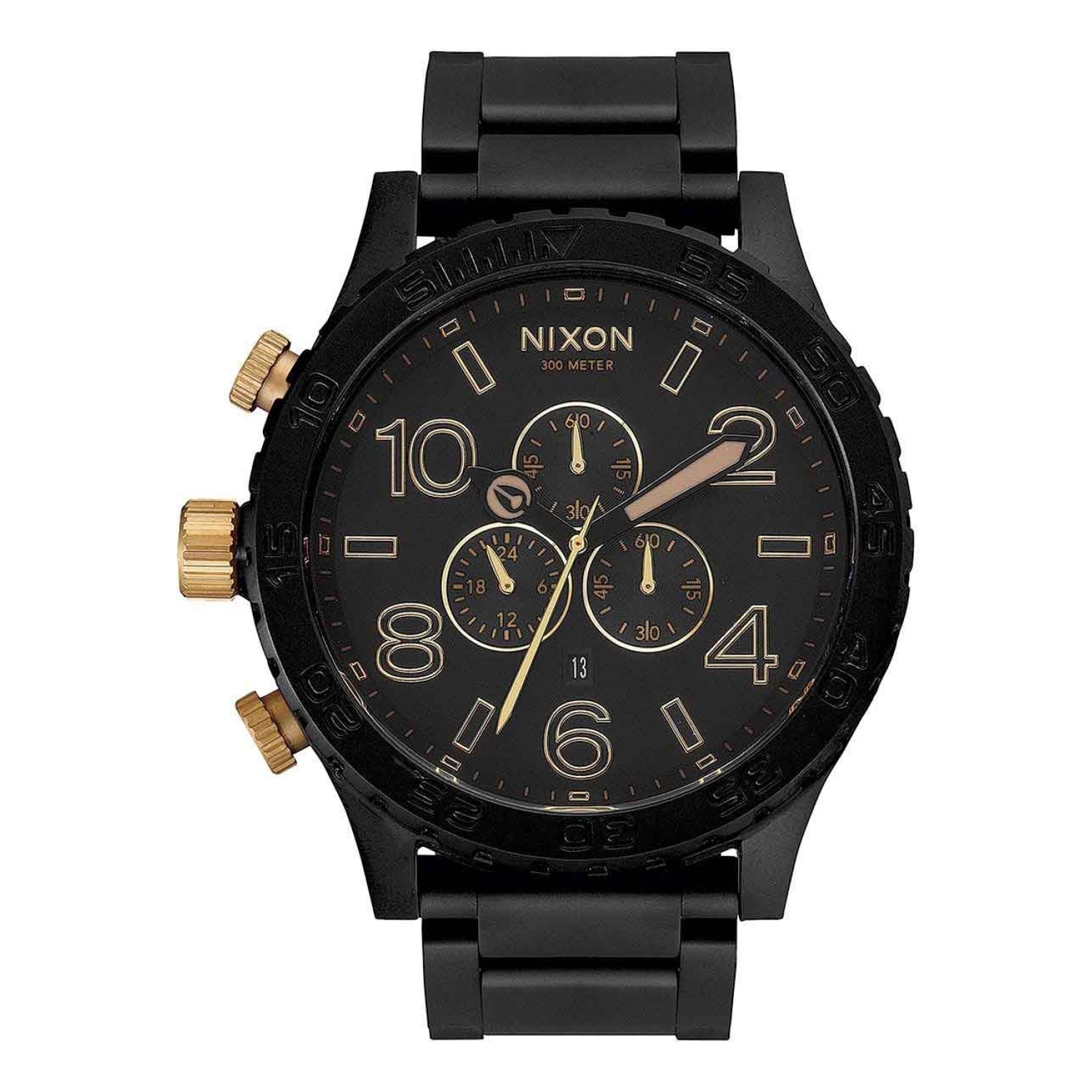 A083-1041-00 NIXON Mens 51-30 Chronograph Watch. Good looks, brains and brawn combined. The 51-30 Chrono rates second-to-none. Handsome, easy-to-read 51 mm design that launched the oversized trend, with 3 CD textured sub-dials - matt black and gold2 Year 