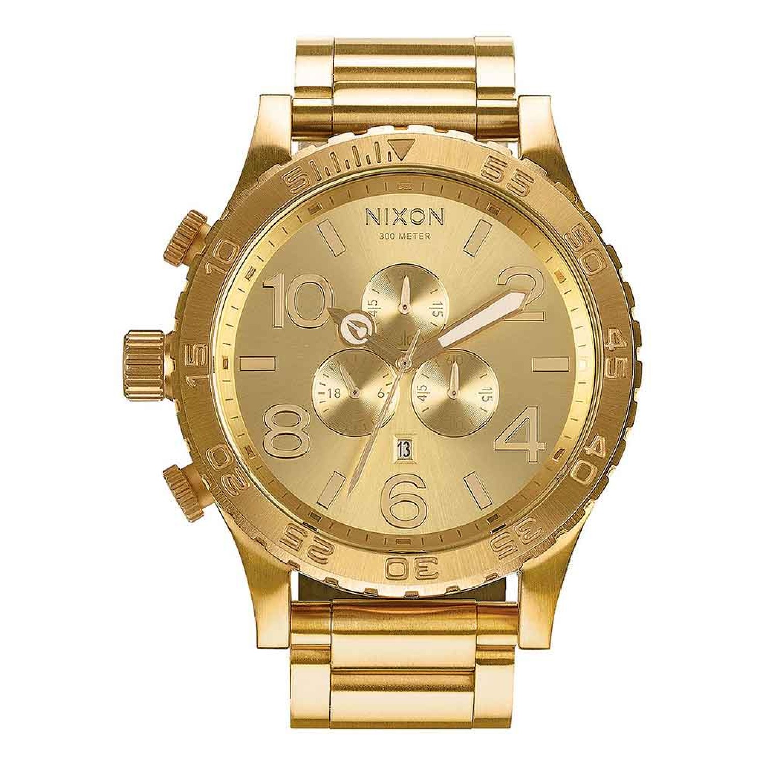 A083502 NIXON Gold Chronograph Watch. Handsome, easy-to-read 51 mm design that launched the oversized trend, with 3 CD textured sub dials 2 Year  Guarantee 3 Months No Payments and Interest for Q Card holders This watch is pressure rated at 300 metres @ch