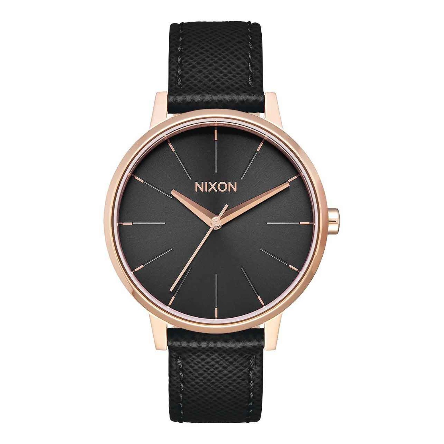 A108-1098-00 NIXON Womens Leather Kensington Watch. Clean and simple design language, an updated take on heirloom styles. Vintage inspired classic 37mm case size in a clean look that’s suitable for any setting - All Rose Gold with Black Dial and strap2 Ye