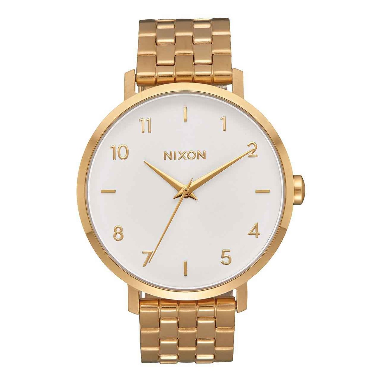 A1090-504-00 NIXON Womens Arrow Watch. A future heirloom is born at the intersection of fashion and function. Scandinavian influences and menswear inspired details make the Arrow a modern classic. - All Yellow Gold with White Dial2 Year  Guarantee O @chri