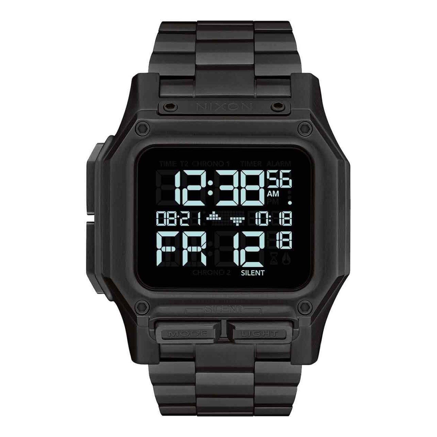 A1268-001-00 NIXON REGULUS All Black Stainless Steel Watch. Forged from stainless steel, enter a street-ready next gen of our bestseller Regulus watch. The new Regulus Stainless Steel blurs the lines between tactical ops and streetwear flash.Made to withs