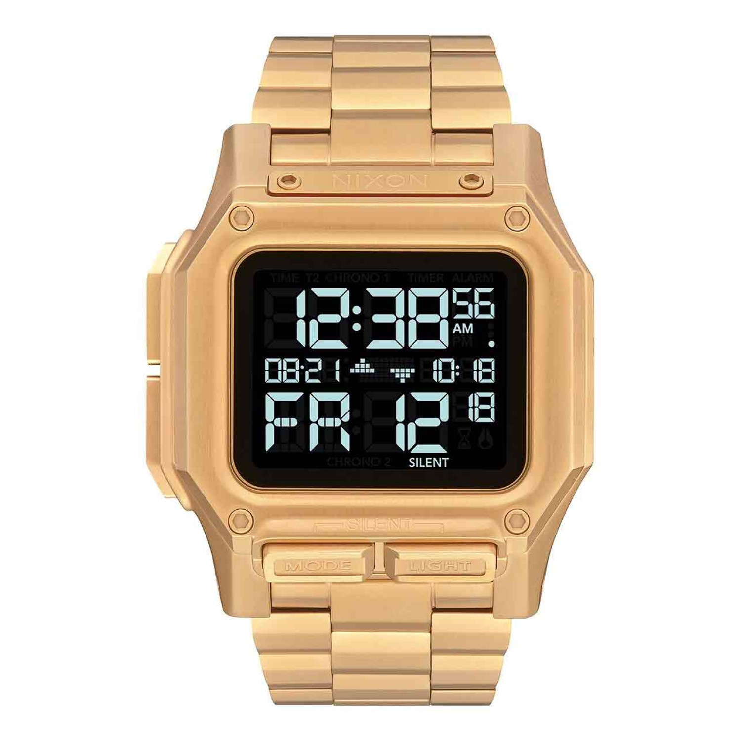 A1268-502-00 NIXON REGULUS All Gold Stainless Steel Watch. Forged from stainless steel, enter a street-ready next gen of our bestseller Regulus watch. The new Regulus Stainless Steel blurs the lines between tactical ops and streetwear flash.Made to withst