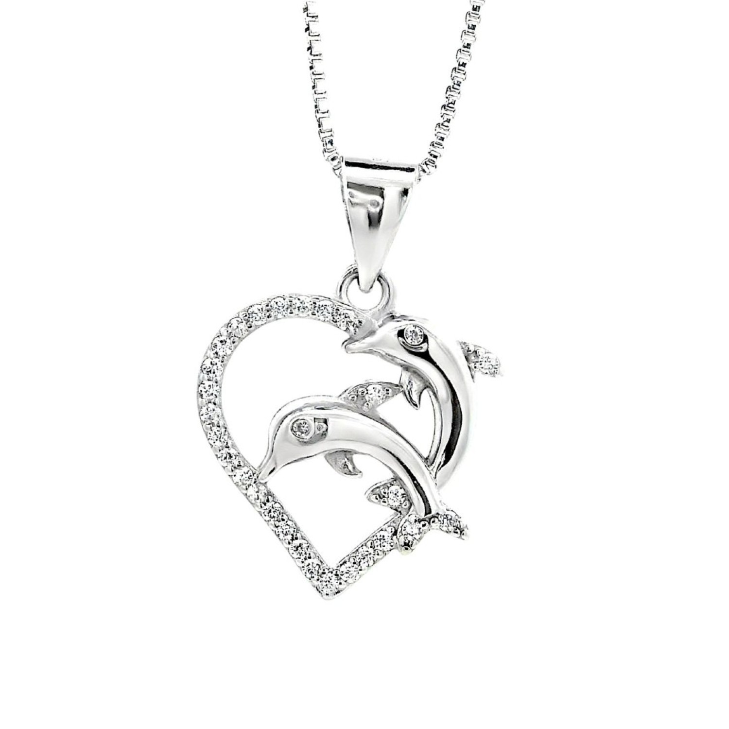 Dolphin Heart Pendant – Christies Jewellery NZ- Christies Jewellery Online and Auckland Dolphin Heart Pendant by Christies Jewellery NZ | A silver heart-shaped pendant featuring two intertwined dolphins, accented with small sparkling stones, hanging from a delicate chain.