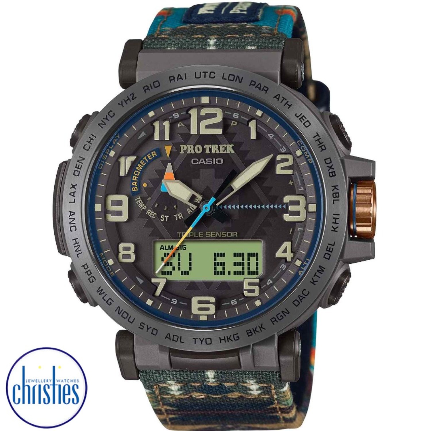 Christies Jewellery - PRG601PE-5D Casio Protrek Pendleton Watches Auckland NZ PRG601PE-5D Casio Protrek Pendleton PRG-601PE-5 Protrek Auckland | Features provide altitude and atmospheric pressure readings, vital for hikers, climbers, and backcountry explorers.