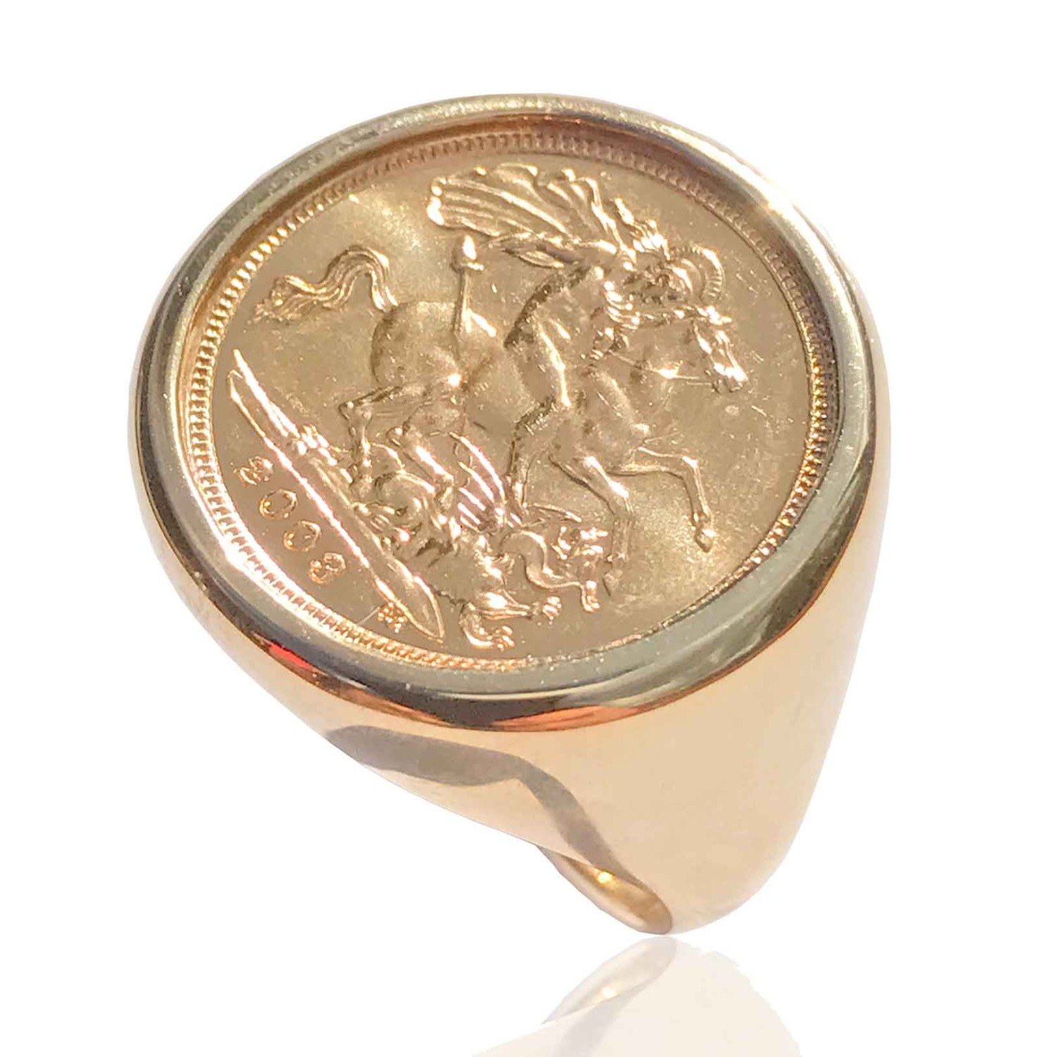 Gold Sovereign Rings 9ct - Half Sovereign Full Sovereign | Gold ring featuring a 2008 coin with an embossed design of Saint George slaying a dragon.