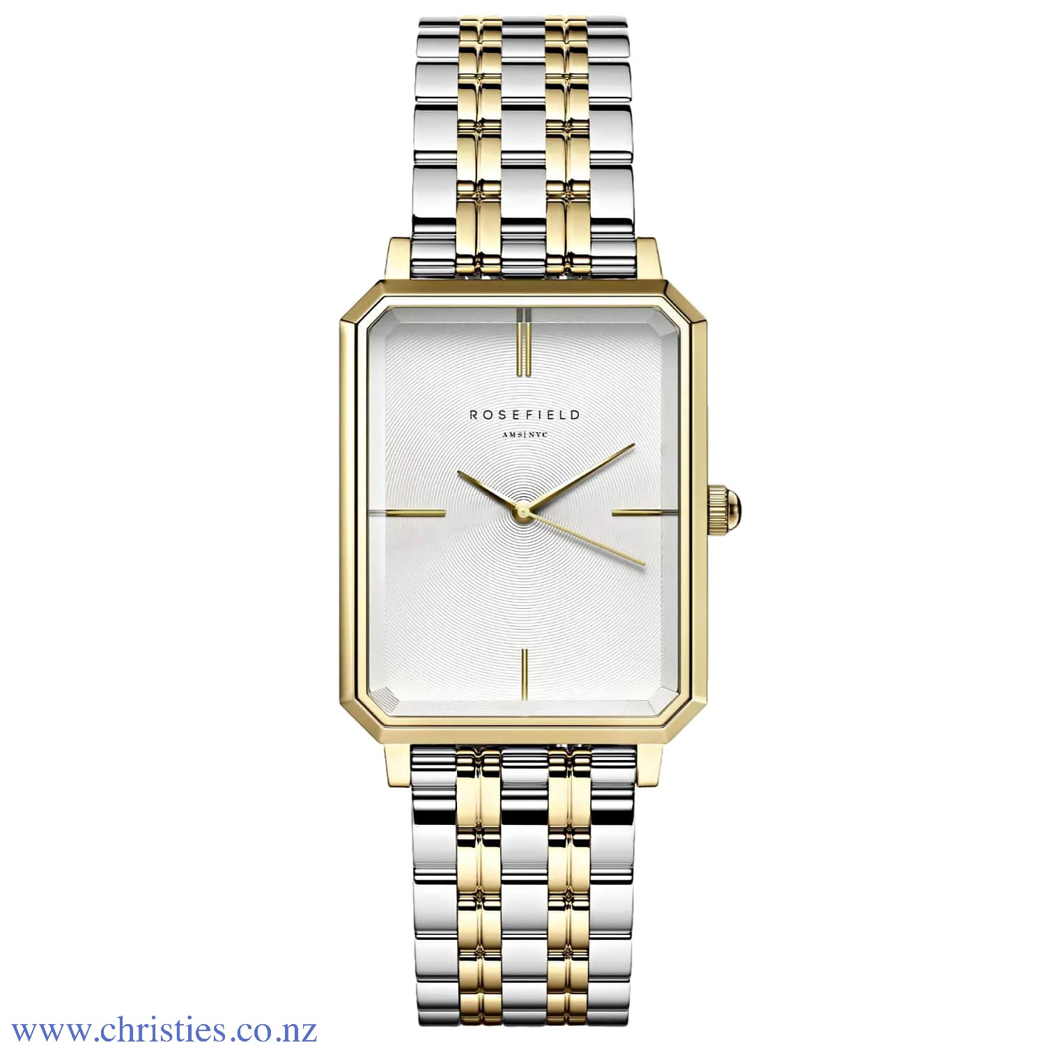 OWSSSG-O48 Rosefield The Octagon White Sunray Steel Silver Watch. The Octagon is Rosefield's newest collection of modern watches – an instant classic. The rare octagonal face shape and polished 5-link bracelet recall 1920s elegance, redefining the watch a