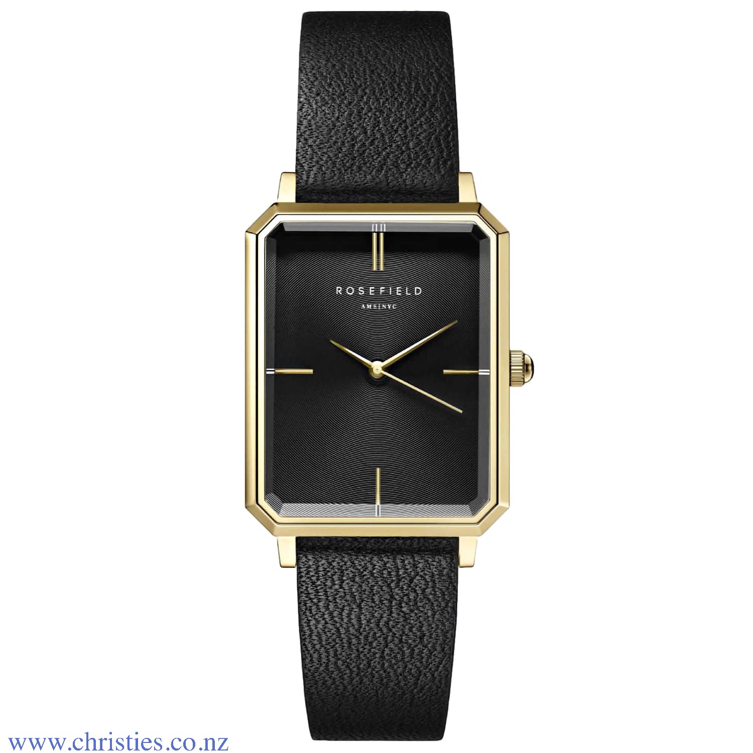 OBSBG-O49 Rosefield The Octagon Black Sunray Black Leather Gold Watch. The Octagon is Rosefield's newest collection of modern watches – an instant classic. The rare octagonal face shape and polished 5-link bracelet recall 1920s elegance, redefining the wa