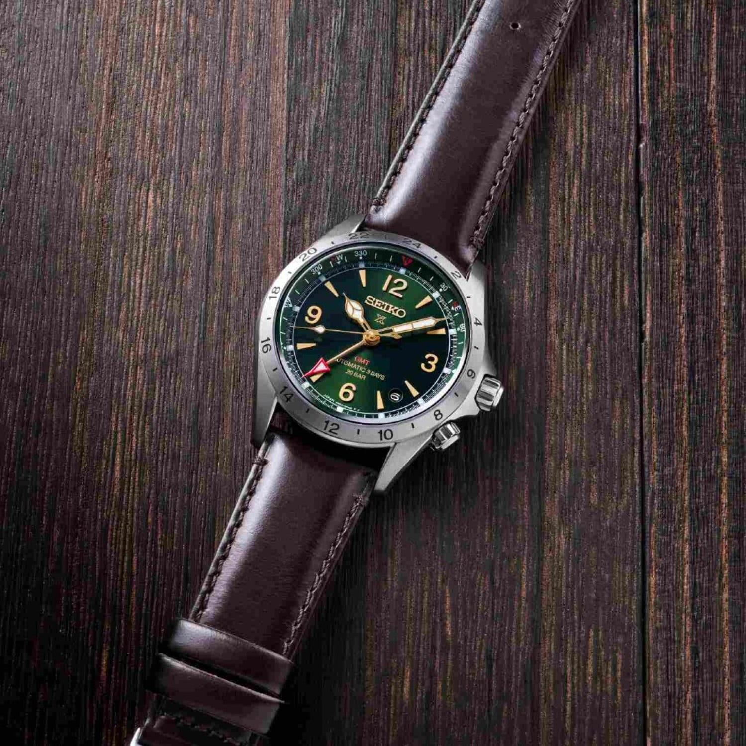 Seiko Prospex Alpinist GMT Leather Strap Watch Seiko Prospex Alpinist GMT Watch HBC007J1 Green Dial