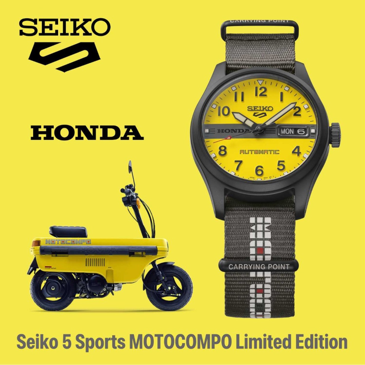 HDB010K / HDB010K1 Seiko 5 Sports MOTOCOMPO Limited Edition Watch HDB010K Seiko 5 Sports MOTOCOMPO Limited Edition Watch features black nato strap and yellow colour dial