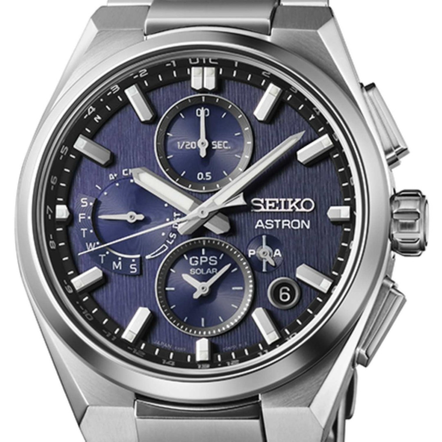 SSH161J Seiko Astron GPS Dual Time Chronograph – Seiko Watches NZ | Seiko's commitment to craftsmanship ensures that each watch is made with precision and attention to detail. SSH161J Seiko Astron GPS Dual Time Chronograph with titanium casing and blue textured dial.