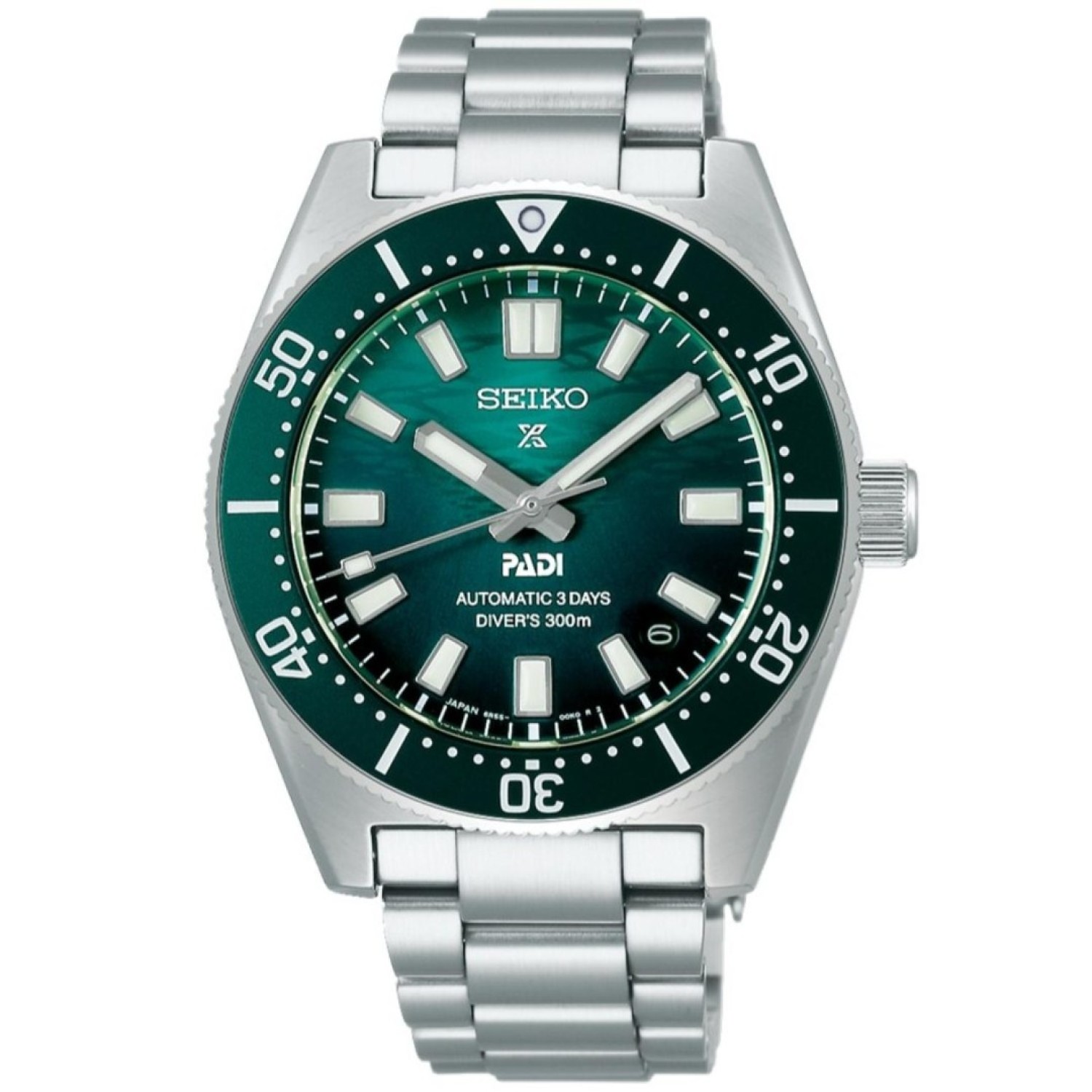 SPB501J SEIKO Prospex PADI Special Edition Divers Watch featuring a vibrant green dial, stainless steel case and bracelet, unidirectional bezel, and 300m water resistance—designed for professional diving and PADI-certified precision.