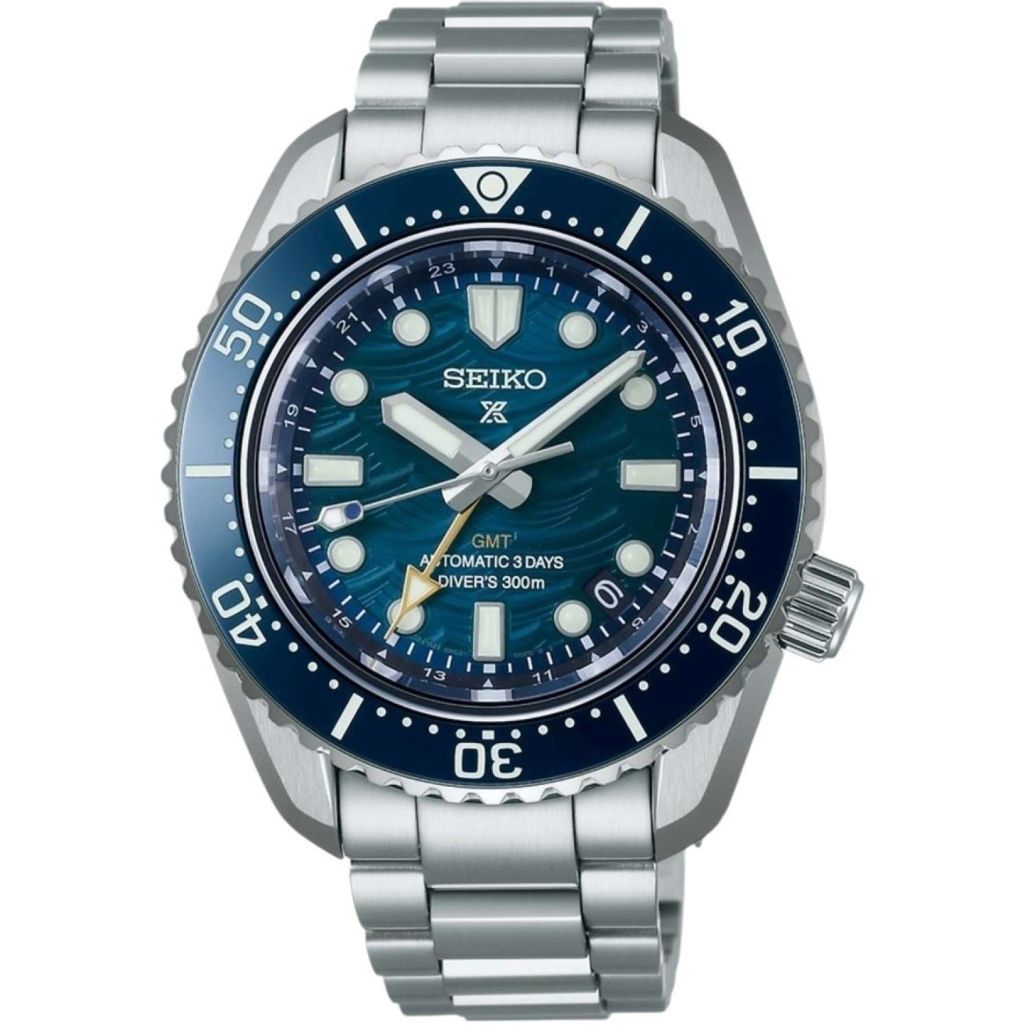 SPB509J SEIKO Prospex GMT Automatic Diver's Watch with stainless steel case and bracelet, featuring a blue wave-patterned dial, a unidirectional rotating bezel with minute markers, luminous hands and hour markers, and a GMT hand for tracking a second time