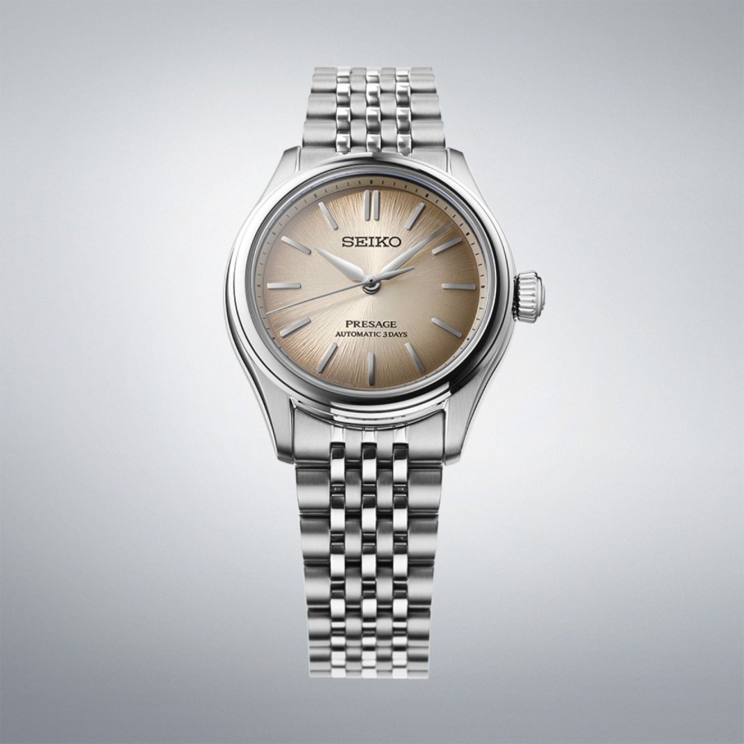 SPB523J Seiko Ladies Presage Classic Automatic Watch - Timeless Elegance & Precision SPB523J Seiko Ladies Presage Classic Automatic Watch with a stainless steel bracelet and champagne-colored dial, combining elegance and precision.