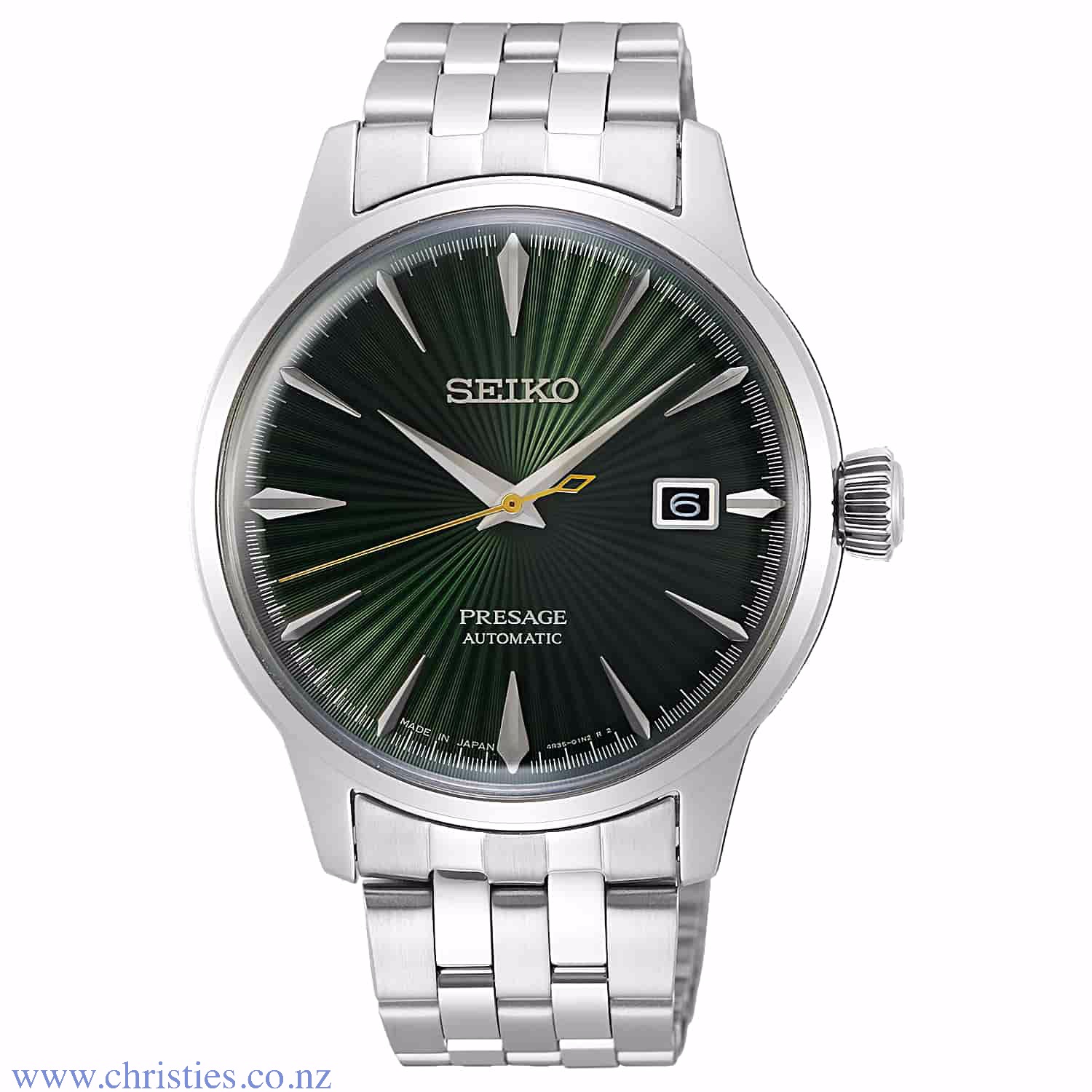 SRPE15J SEIKO Presage Cocktail Time Automatic Watch. The Seiko Presage SRPE15J is an automatic movement watch with a manual winding capacity. This mens watch features a stainless steel case and bracelet with a sunburst green face and a date function. The 
