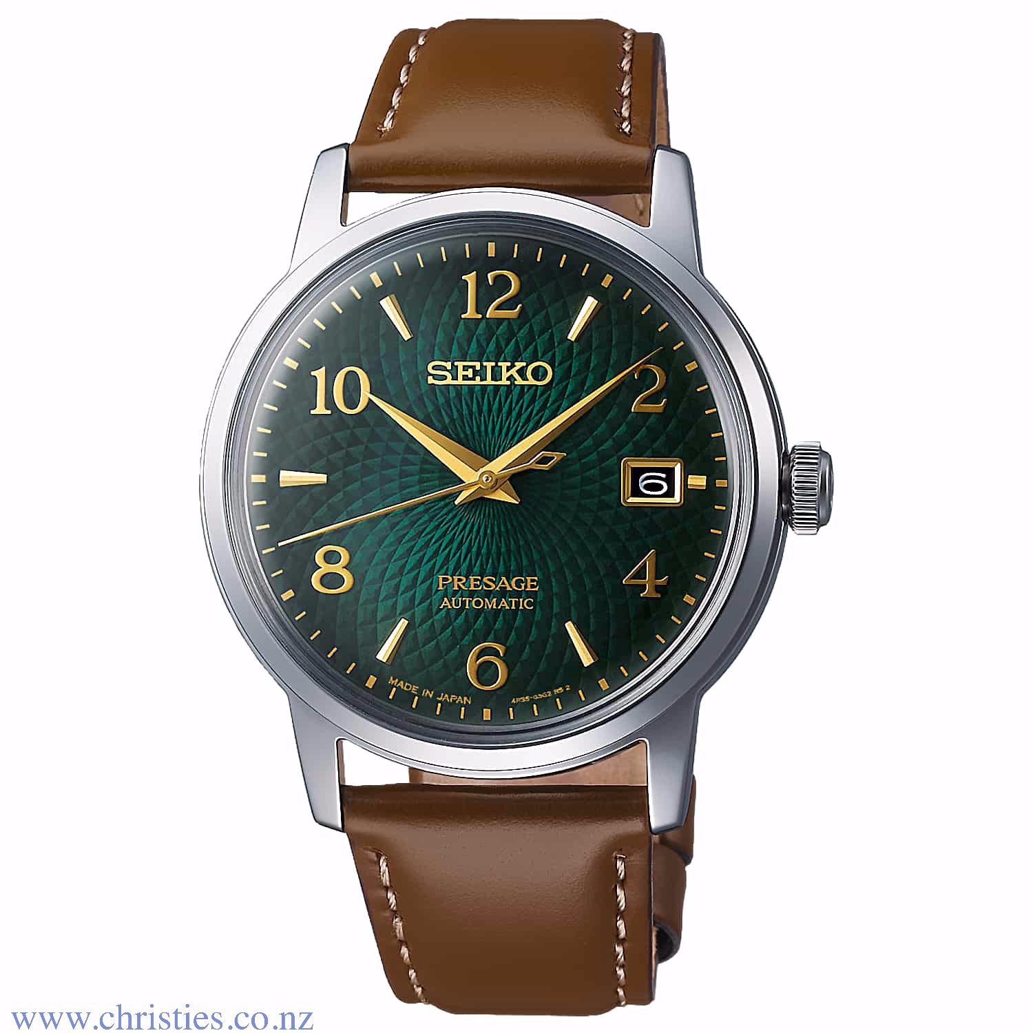SRPE45J SEIKO Presage Cocktail Mojito Automatic Watch SRPE45J - seiko presage nz SRPE45J SEIKO Presage Cocktail Mojito Automatic Watch. The Seiko Presage SRPE45J is an automatic movement watch with a manual winding capacity. This mens watch features a stainless steel case and bracelet with a textured green face and a date function. Th