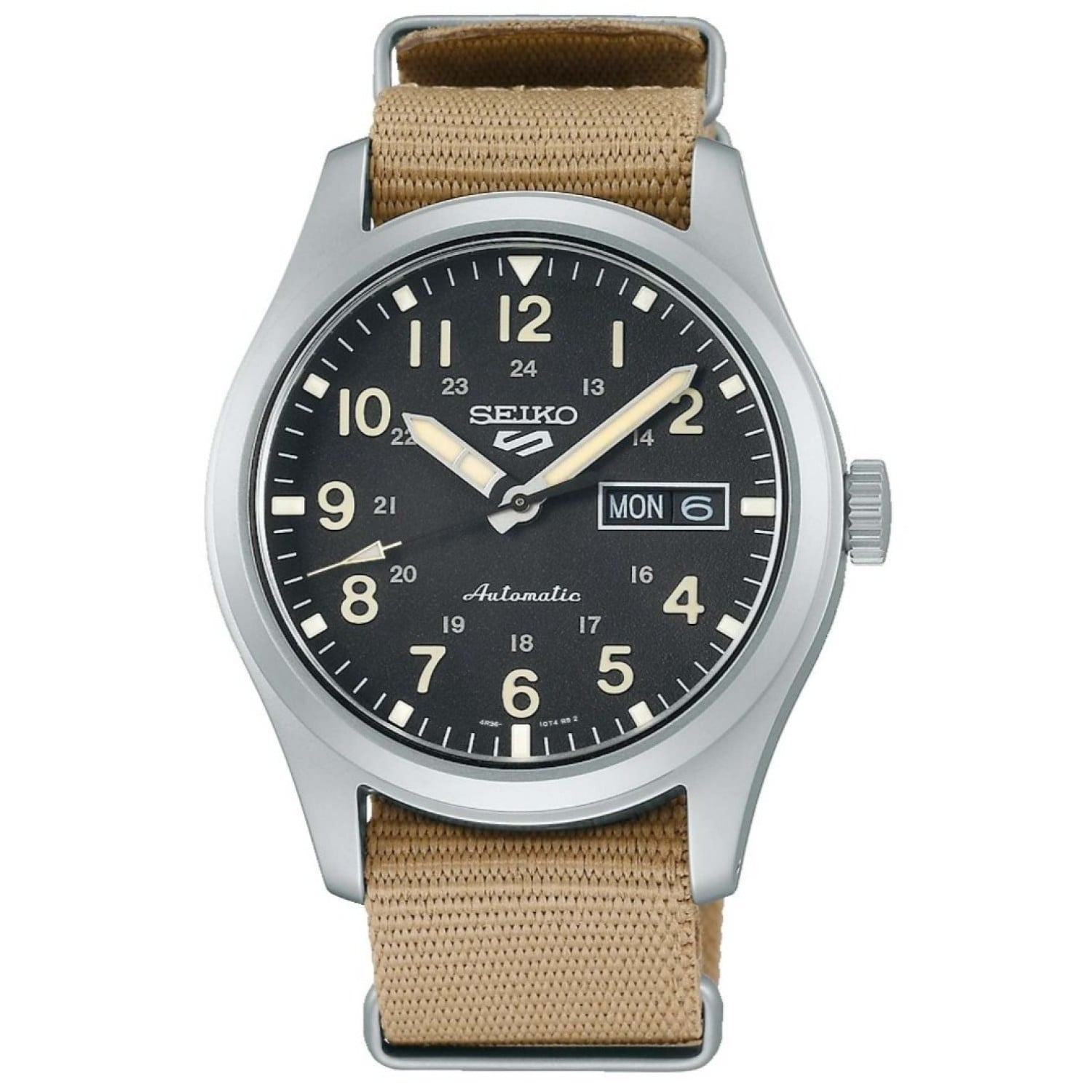 SRPG35K Seiko 5 Sports – Black Dial, Beige Numerals, Nato Strap – Seiko Watches NZ SRPG35K Seiko 5 Sports – Black Dial, Beige Numerals, Nato Strap by Seiko Watches