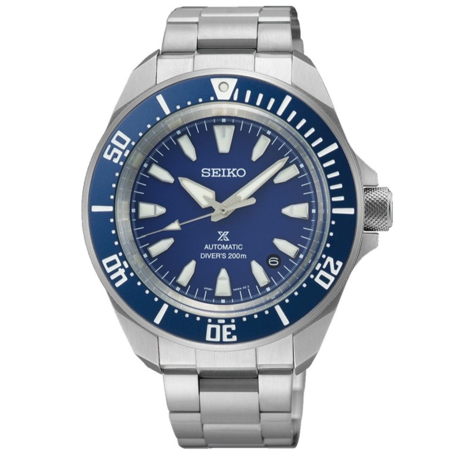 SRPL51K1 SEIKO Prospex Blue Dial Divers Watch – stainless steel case and bracelet, automatic movement, ocean-blue dial with white hour markers, rotating bezel, date display, 200m water resistant men’s dive watch.
