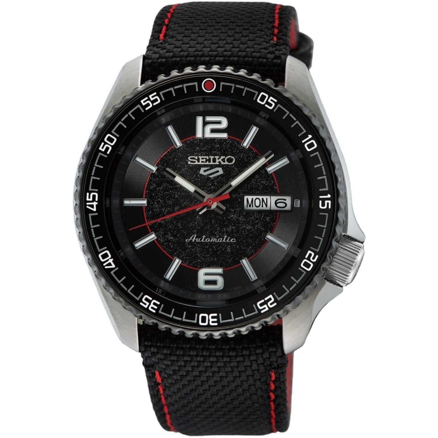 SRPL54K Seiko 5 Sports Supercars Limited Edition 2025 – Bold Design with Racing-Inspired Details SRPL54K Seiko 5 Sports Supercars Limited Edition 2025 by Seiko Watches NZ | SRPL54K Seiko 5 Sports Supercars Limited Edition 2025 watch featuring a bold textured dial resembling racing asphalt, accented with red detailing, a day-date display, and a sleek