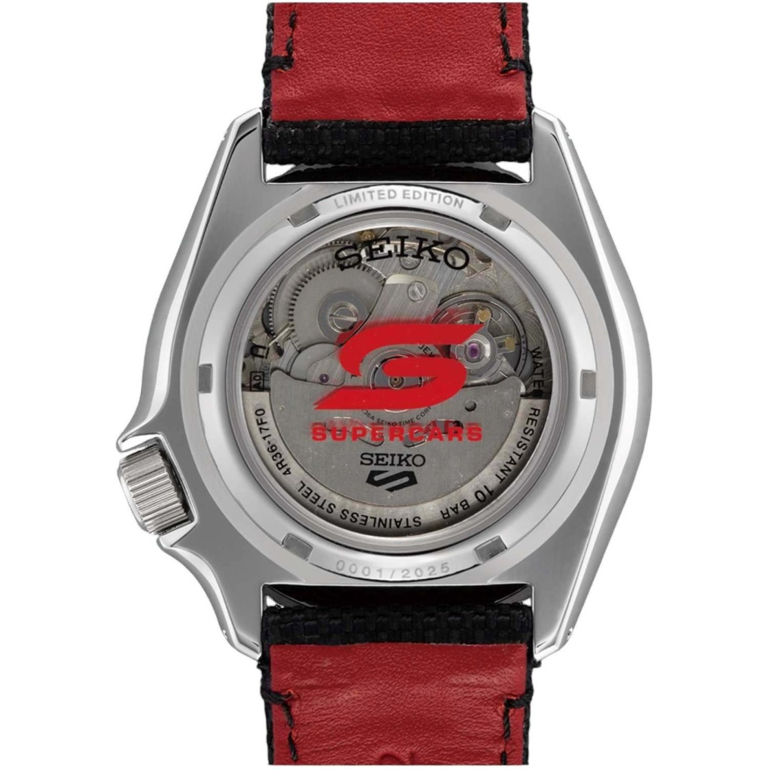 SRPL54K Seiko 5 Sports Supercars Limited Edition 2025 – Bold Design with Racing-Inspired Details SRPL54K Seiko 5 Sports Supercars Limited Edition 2025 by Seiko Watches NZ | SRPL54K Seiko 5 Sports Supercars Limited Edition 2025 watch featuring a bold textured dial resembling racing asphalt, accented with red detailing, a day-date display, and a sleek