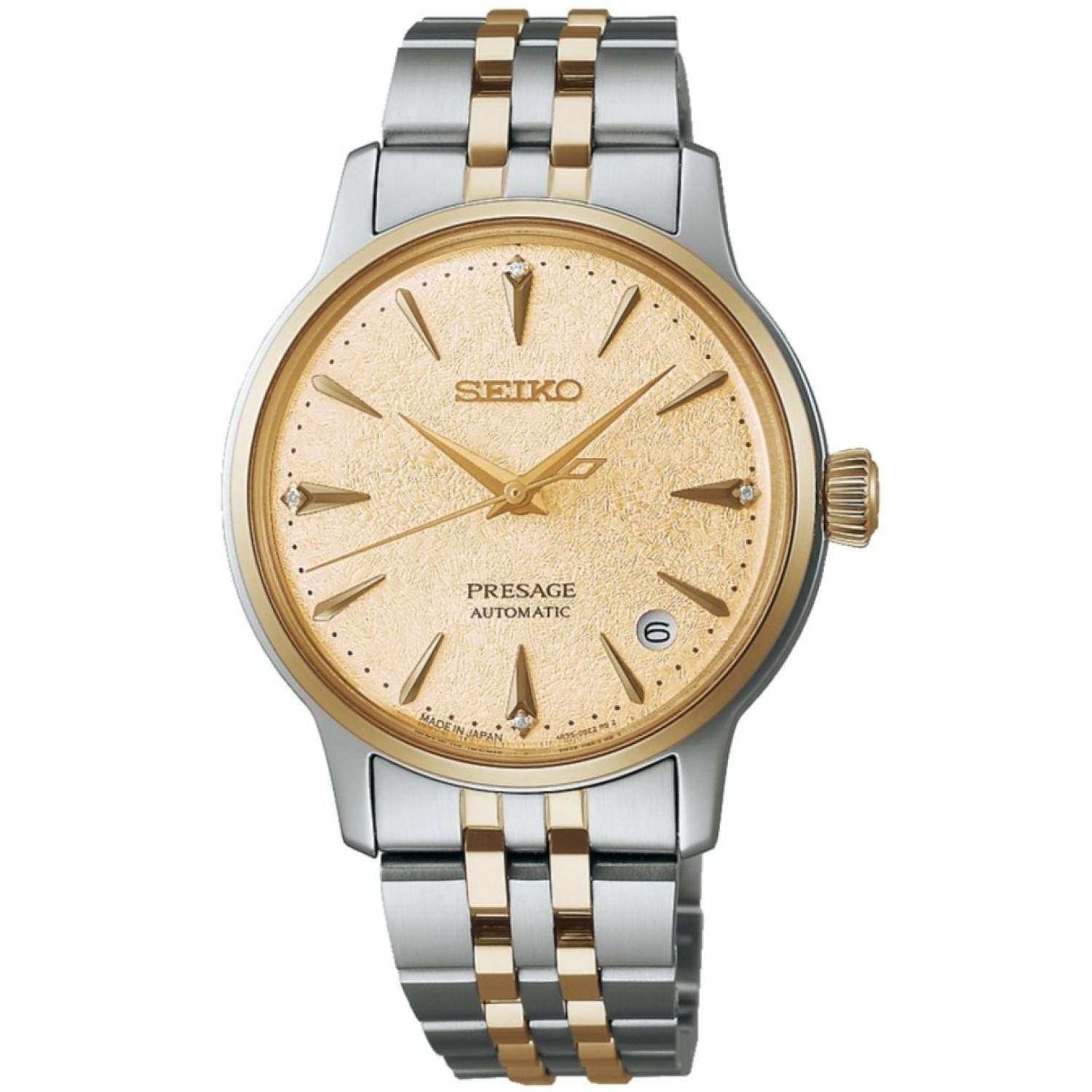 SRPL64J Seiko Ladies Bi-Tone Presage Cocktail Time – Gold-Toned Dial with Silver & Gold Accents, Stainless Steel Bracelet, and Automatic Movement SRPL64J Seiko Ladies Bi-Tone Presage Cocktail Time – Elegant gold-toned dial with silver and gold accents, automatic movement, and stainless steel bracelet.