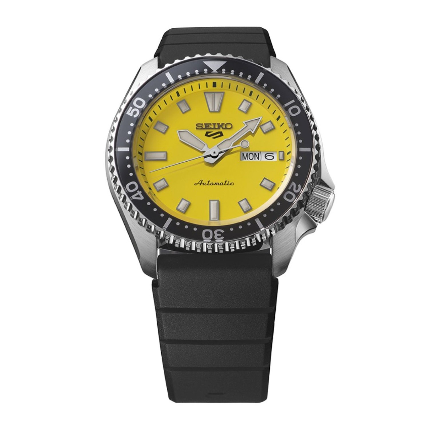 SRPL87 Seiko 5 Sports SKX Sports Style Series – Seiko Watches NZ | Precision in Every Detail SRPL87 Seiko 5 Sports SKX Sports Style Series watch with a bold yellow dial, black bezel, luminous markers, and a black silicone strap – adventure-ready and stylish.