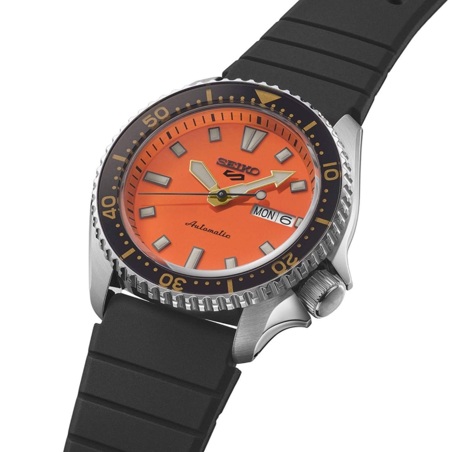 SRPL89 Seiko 5 Sports SKX Sports Style Series – Seiko Watches NZ SRPL89 Seiko 5 Sports SKX Sports Style Series watch with a bold orange dial, black bezel, luminous hands and markers, and a durable black strap, designed for adventure and everyday wear.