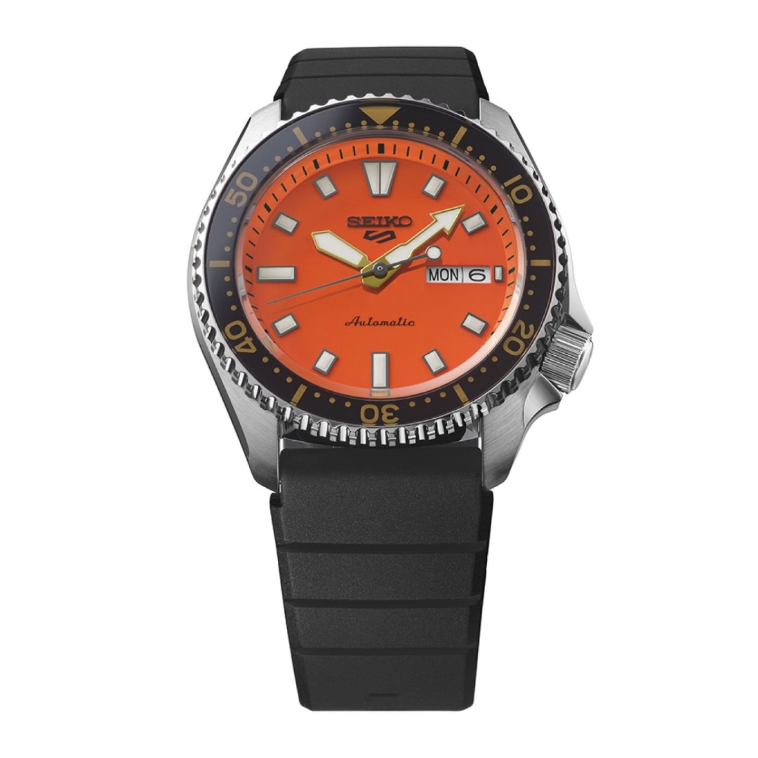 SRPL89 Seiko 5 Sports SKX Sports Style Series – Seiko Watches NZ SRPL89 Seiko 5 Sports SKX Sports Style Series watch with a bold orange dial, black bezel, luminous hands and markers, and a durable black strap, designed for adventure and everyday wear.