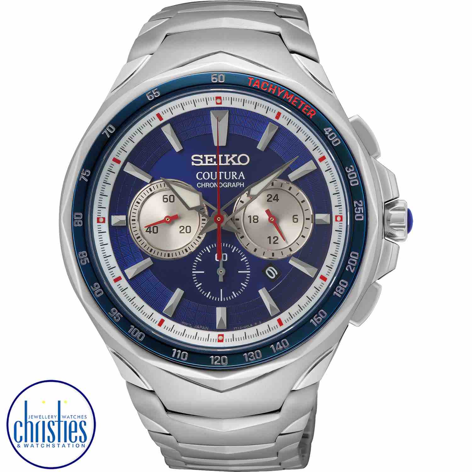 SRWZ21P-9 Seiko Coutura Chronograph Watch. This  Seiko Coutura Chronograph features a metallic blue dial with silver toned markers and highlights with ‘LumiBrite’ luminescent hands as well as red highlights.