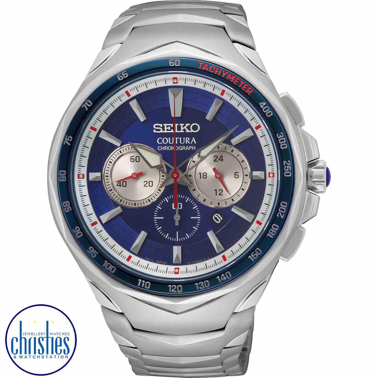 SRWZ21P-9 Seiko Coutura Chronograph Watch SRWZ21P-9 Seiko Coutura Chronograph Watch. This Seiko Coutura Chronograph features a metallic blue dial with silver toned markers and highlights with ‘LumiBrite’ luminescent hands as well as red highlights.