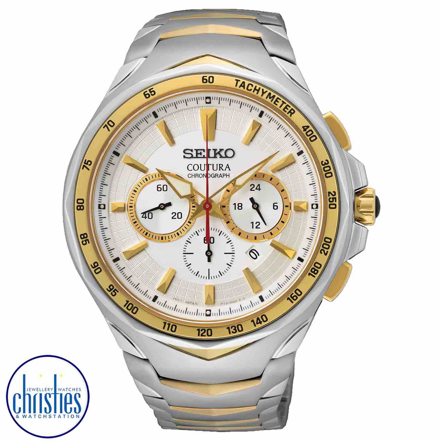 SRWZ24P-9 Seiko Coutura Chronograph Two-Tone Watch. This  Seiko Coutura Chronograph features a white dial with gold-toned markers and highlights with ‘LumiBrite’ luminescent hands.