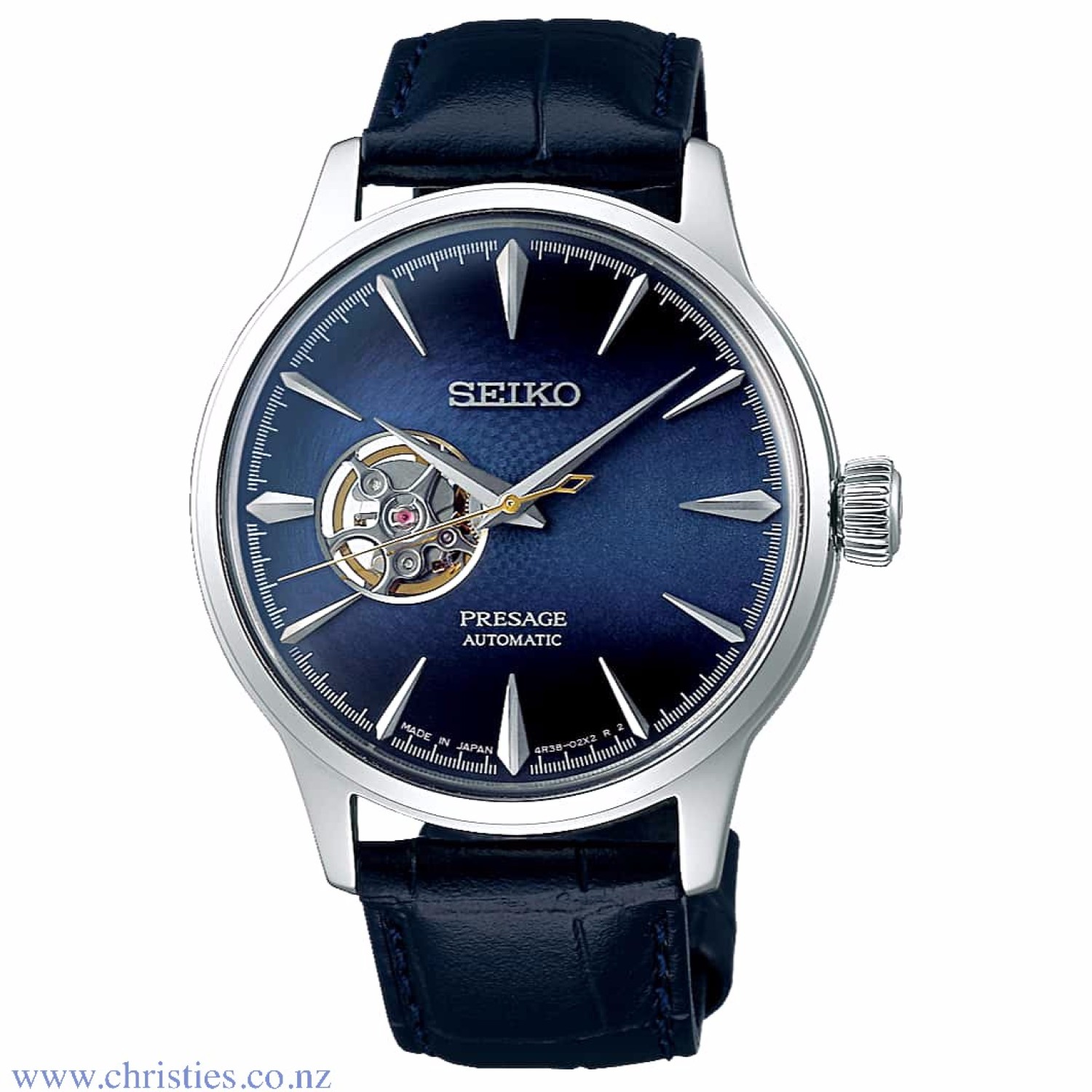 SSA405J SEIKO Presage Cocktail Blue Moon  Automatic Watch. The Seiko Presage Cocktail Time Blue Moon SSA405J is an automatic movement watch with an open heart. This mens watch features a classic looking watch with a multi tonal blue face, stainless steel 