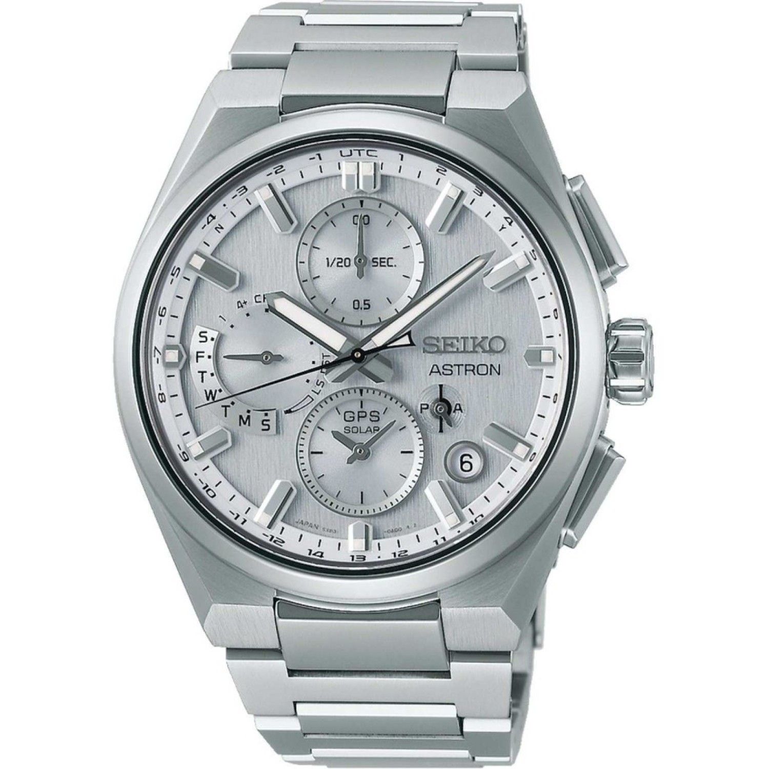 SSH159J Seiko Astron GPS Dual Time Chronograph – Seiko Watches NZ SSH159J Seiko Astron GPS Dual Time Chronograph | The white colour watch dial showcases multiple sub-dials, including a 1/20 second chronograph, a day indicator, and a GPS solar power indicator. It features silver hour markers, hands, and a date window at