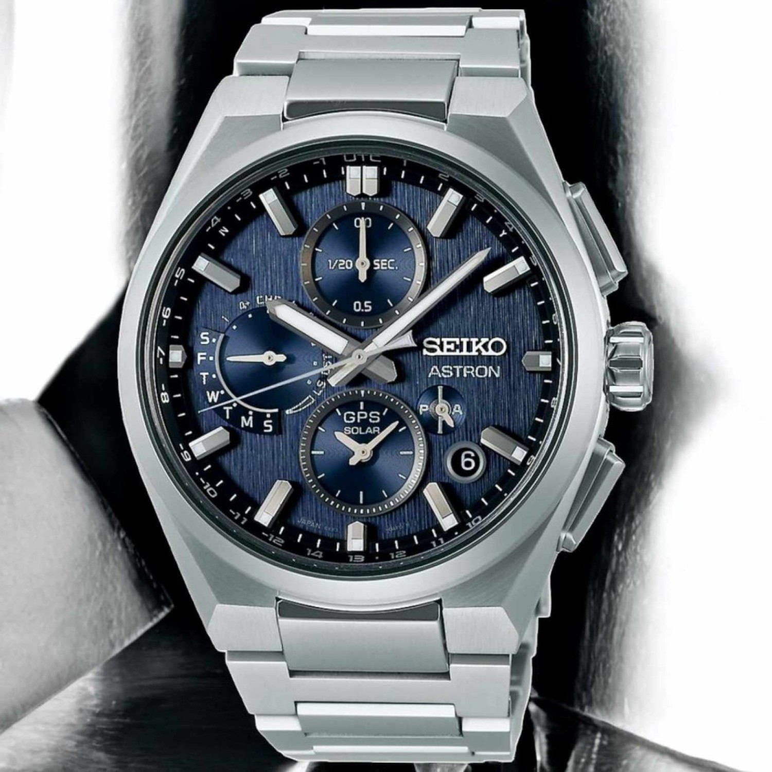 SSH161J Seiko Astron GPS Dual Time Chronograph – Seiko Watches NZ | Seiko's commitment to craftsmanship ensures that each watch is made with precision and attention to detail. SSH161J Seiko Astron GPS Dual Time Chronograph with titanium casing and blue textured dial.
