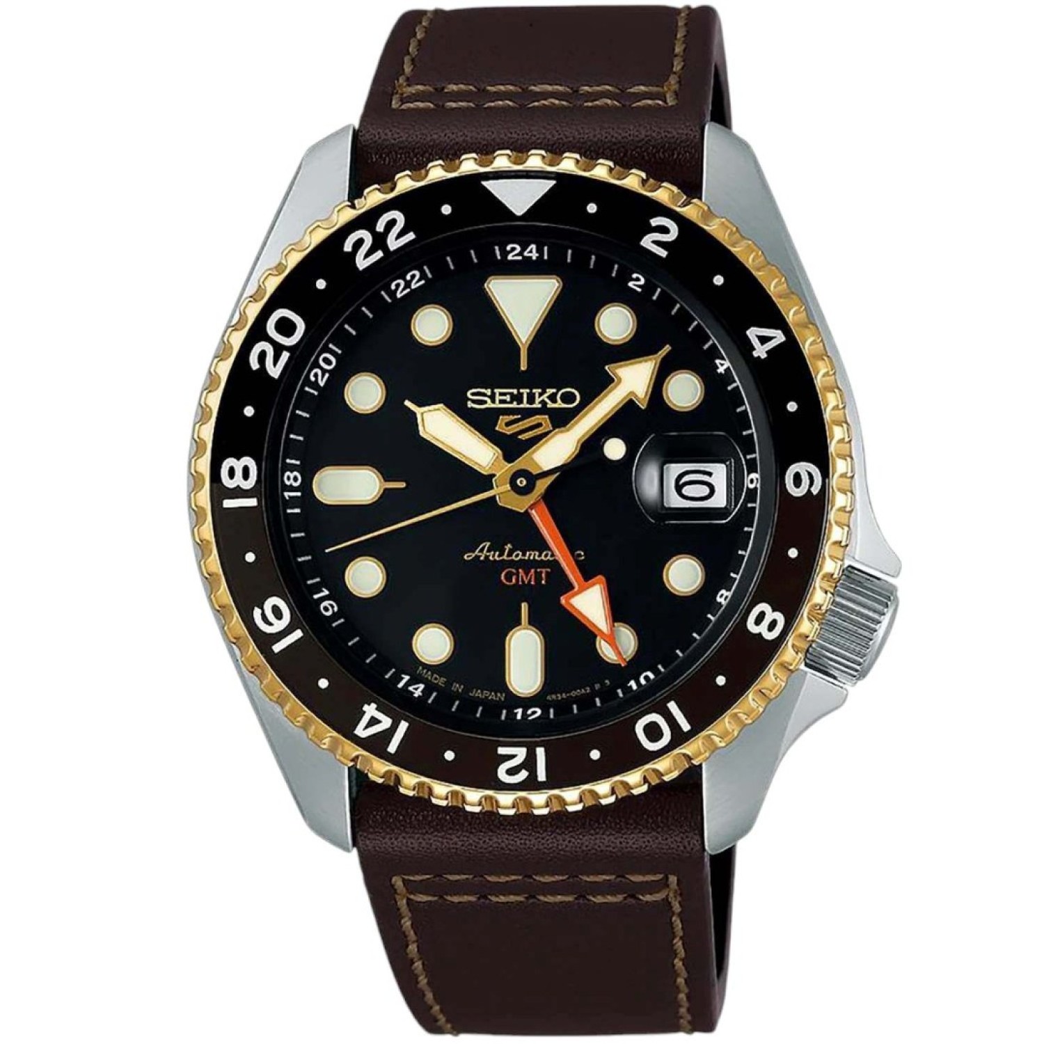 Christies Jewellery - SSK036 Seiko 5 Sports GMT Navigator Watch Auckland NZ SSK036 Seiko 5 Sports GMT Navigator Watch SSK036K - Brown Leather Strap with Black Dial