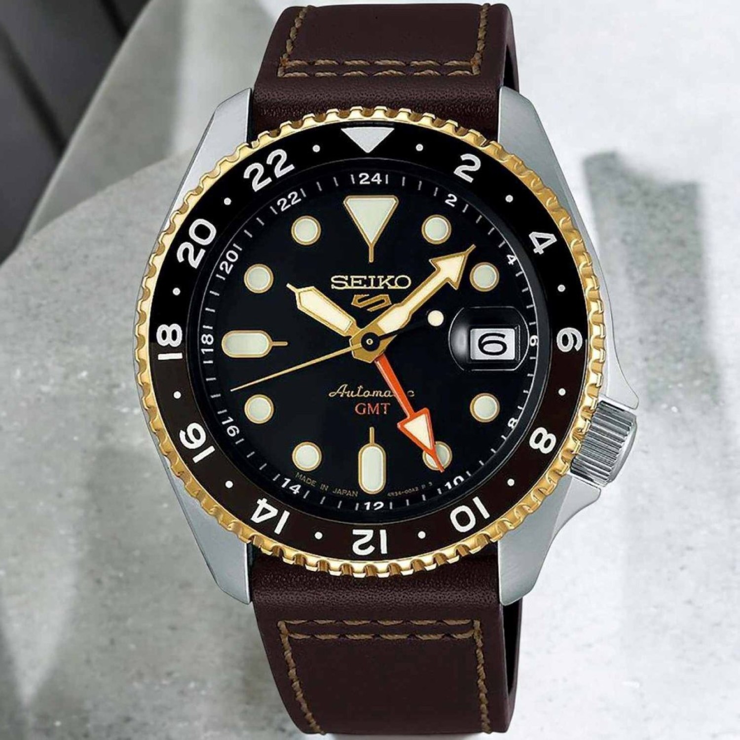 Christies Jewellery - SSK036 Seiko 5 Sports GMT Navigator Watch Auckland NZ SSK036 Seiko 5 Sports GMT Navigator Watch SSK036K - Brown Leather Strap with Black Dial