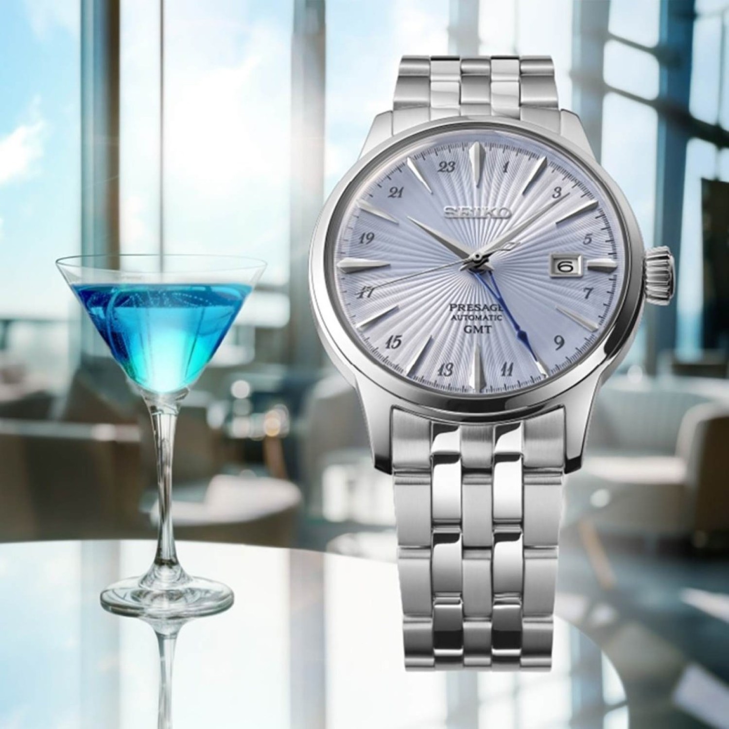 Christies Jewellery - SSK037J Seiko Presage Cocktail Time GMT Auckland NZ SSK037J Seiko Presage Cocktail Time GMT Watch with Blue Dial and Stainless steel case