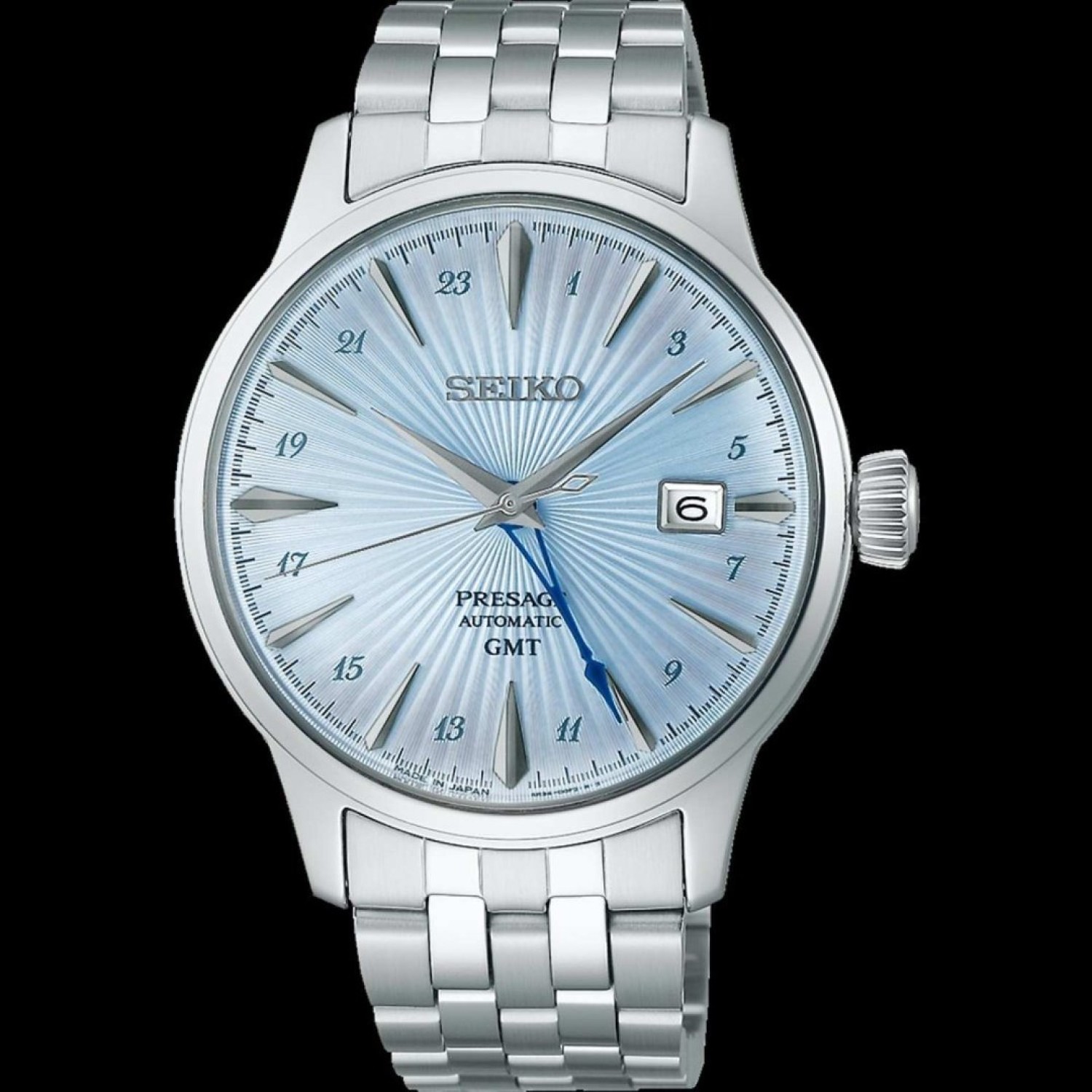 Christies Jewellery - SSK037J Seiko Presage Cocktail Time GMT Auckland NZ SSK037J Seiko Presage Cocktail Time GMT Watch with Blue Dial and Stainless steel case