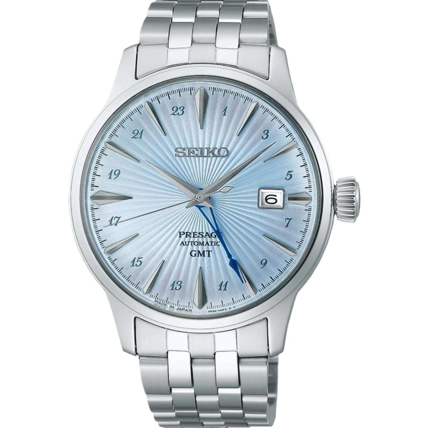 Christies Jewellery - SSK037J Seiko Presage Cocktail Time GMT Auckland NZ SSK037J Seiko Presage Cocktail Time GMT Watch with Blue Dial and Stainless steel case